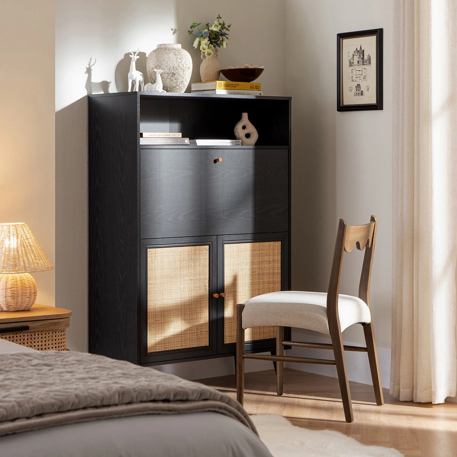 Frances Woven Rattan Writing Bureau, Black - Image 2