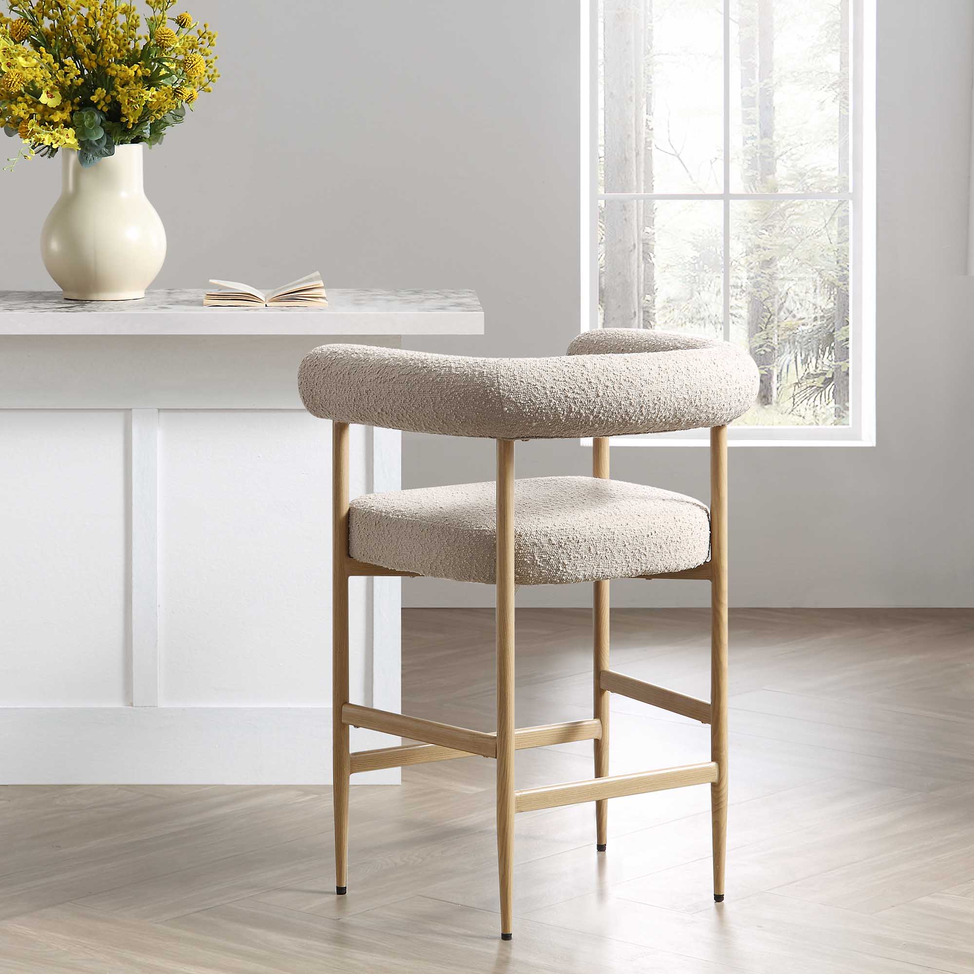 Fulbourn Taupe Boucle Counter Stool with Natural Wood Effect Legs - Image 2