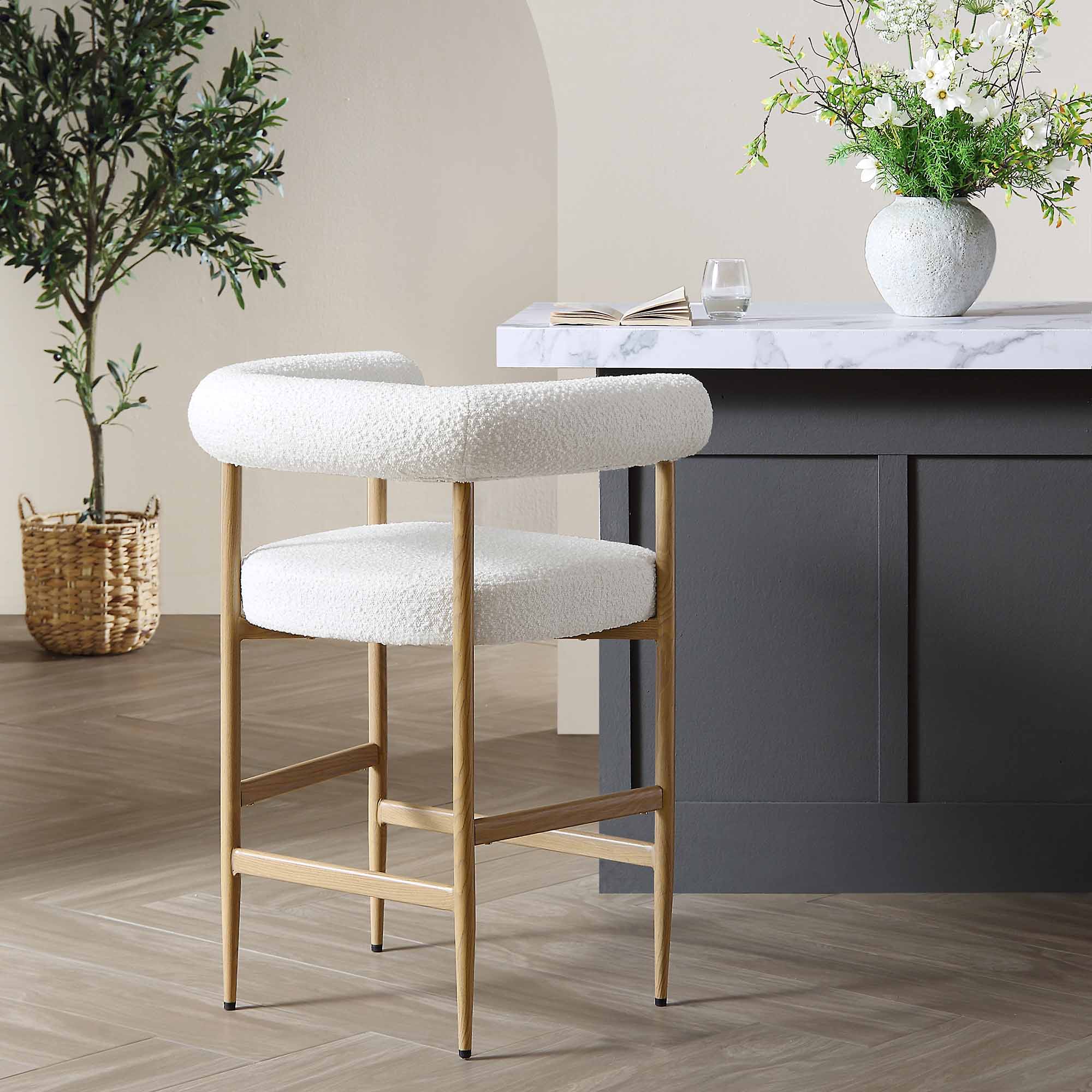 Fulbourn White Boucle Counter Stool with Natural Wood Effect Legs - Image 2