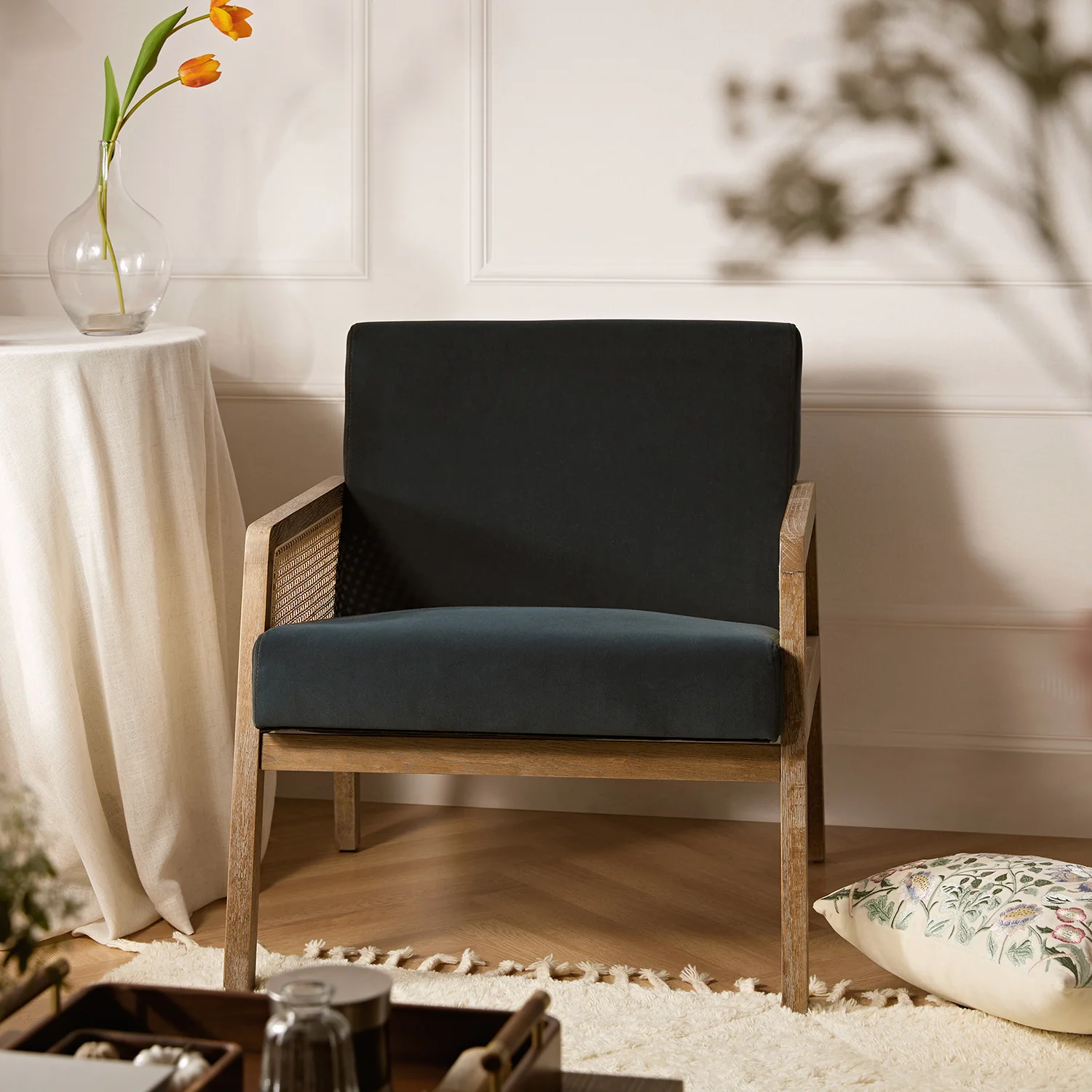 Fyne Aegean Blue Velvet Weathered Oak Frame Rattan Armchair - Image 2