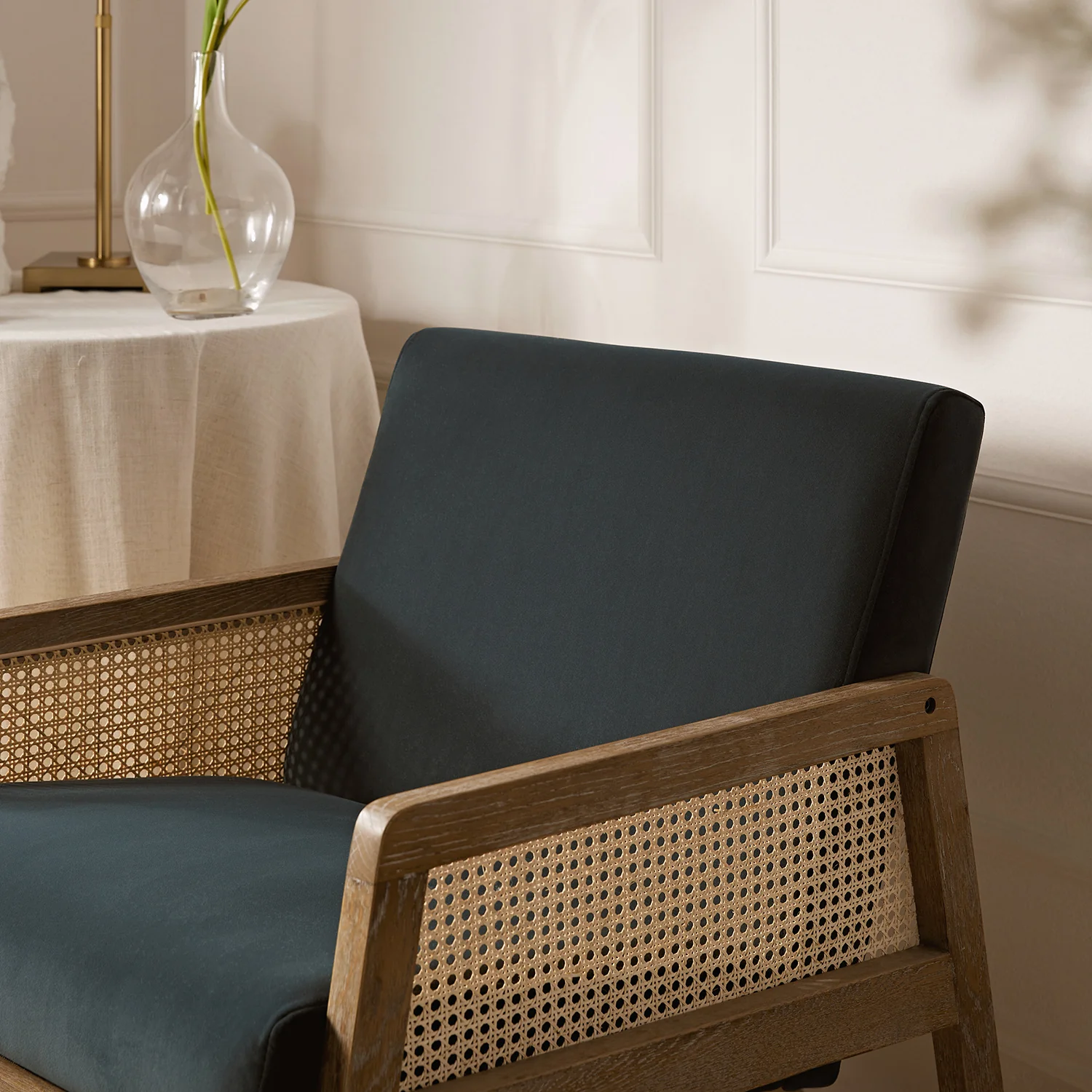 Fyne Aegean Blue Velvet Weathered Oak Frame Rattan Armchair - Image 3