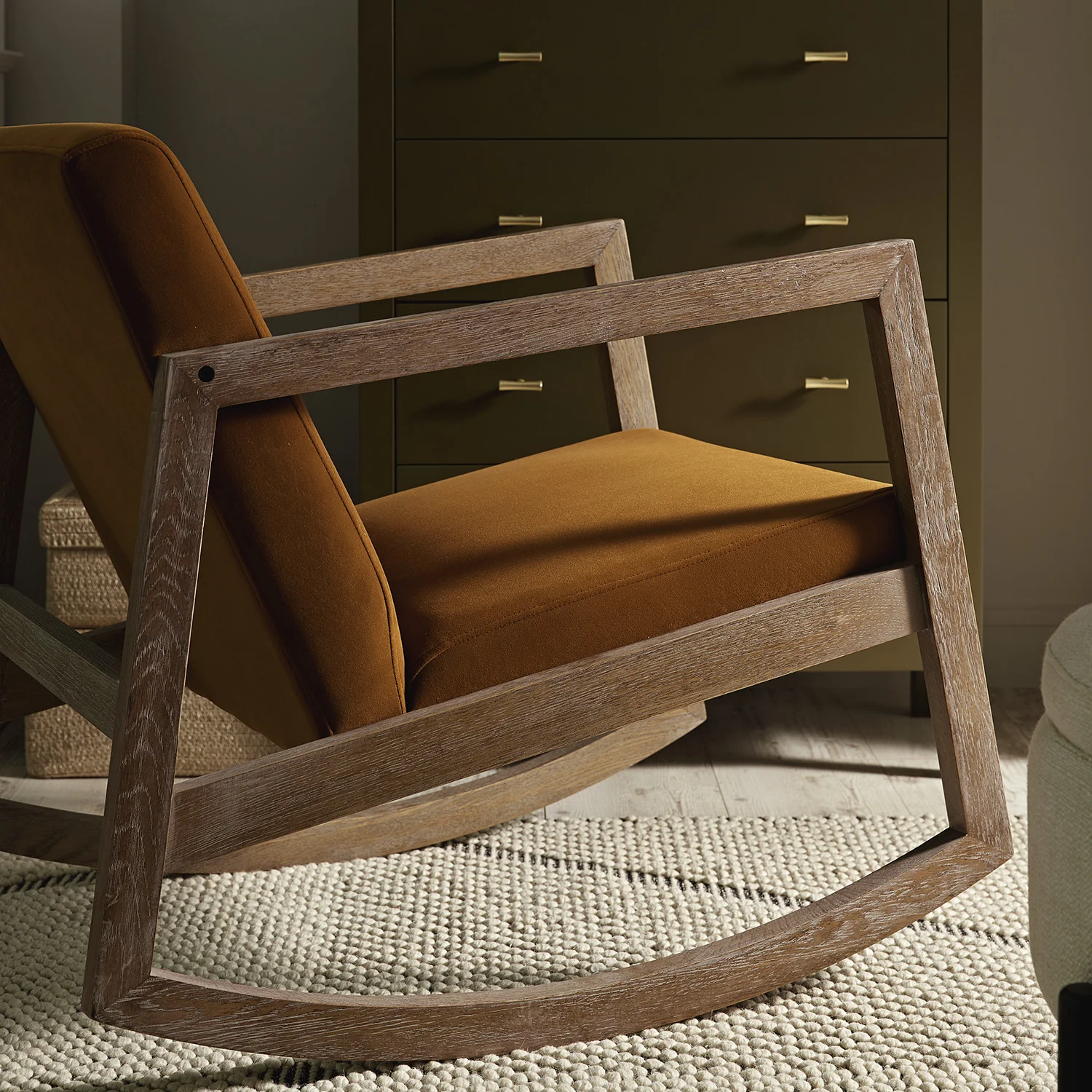 Fyne Cinnamon Velvet Rocking Weathered Oak Armchair - Image 3