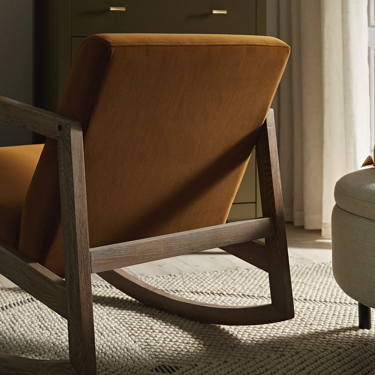 Fyne Cinnamon Velvet Rocking Weathered Oak Armchair - Image 4