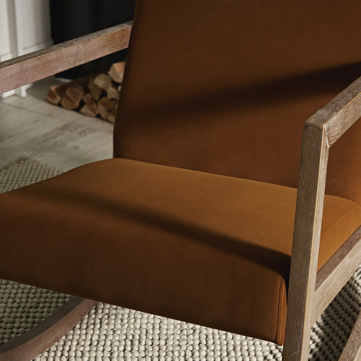 Fyne Cinnamon Velvet Rocking Weathered Oak Armchair - Image 6