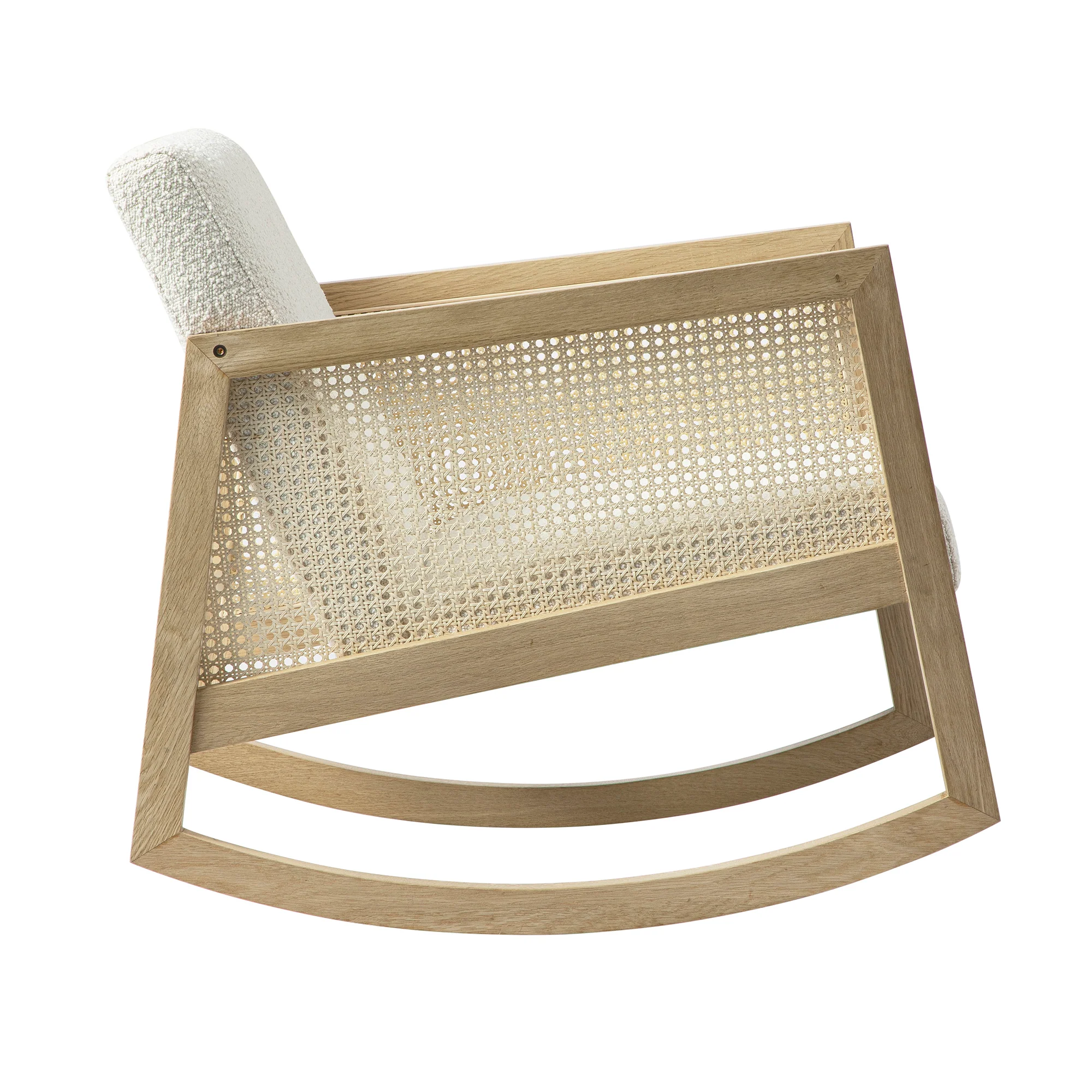 Fyne Ecru Boucle Rocking Natural Oak Armchair with Rattan Armrests - Image 11