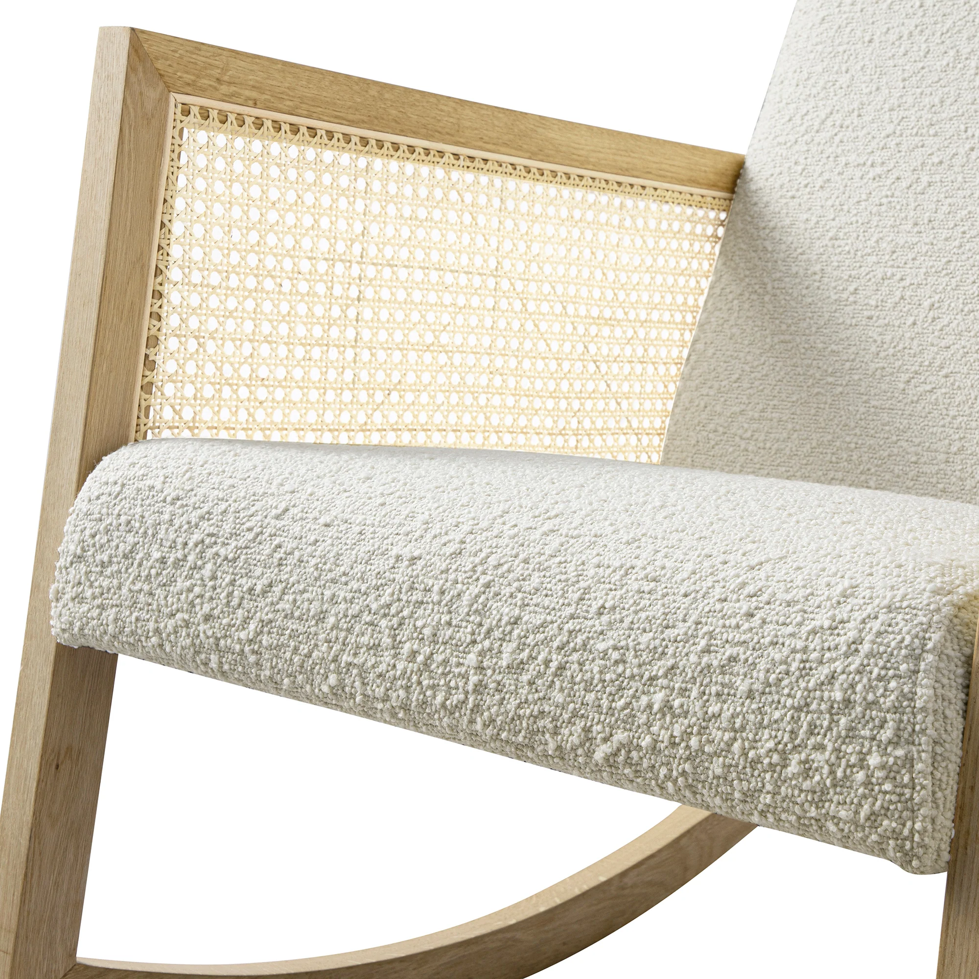 Fyne Ecru Boucle Rocking Natural Oak Armchair with Rattan Armrests - Image 13