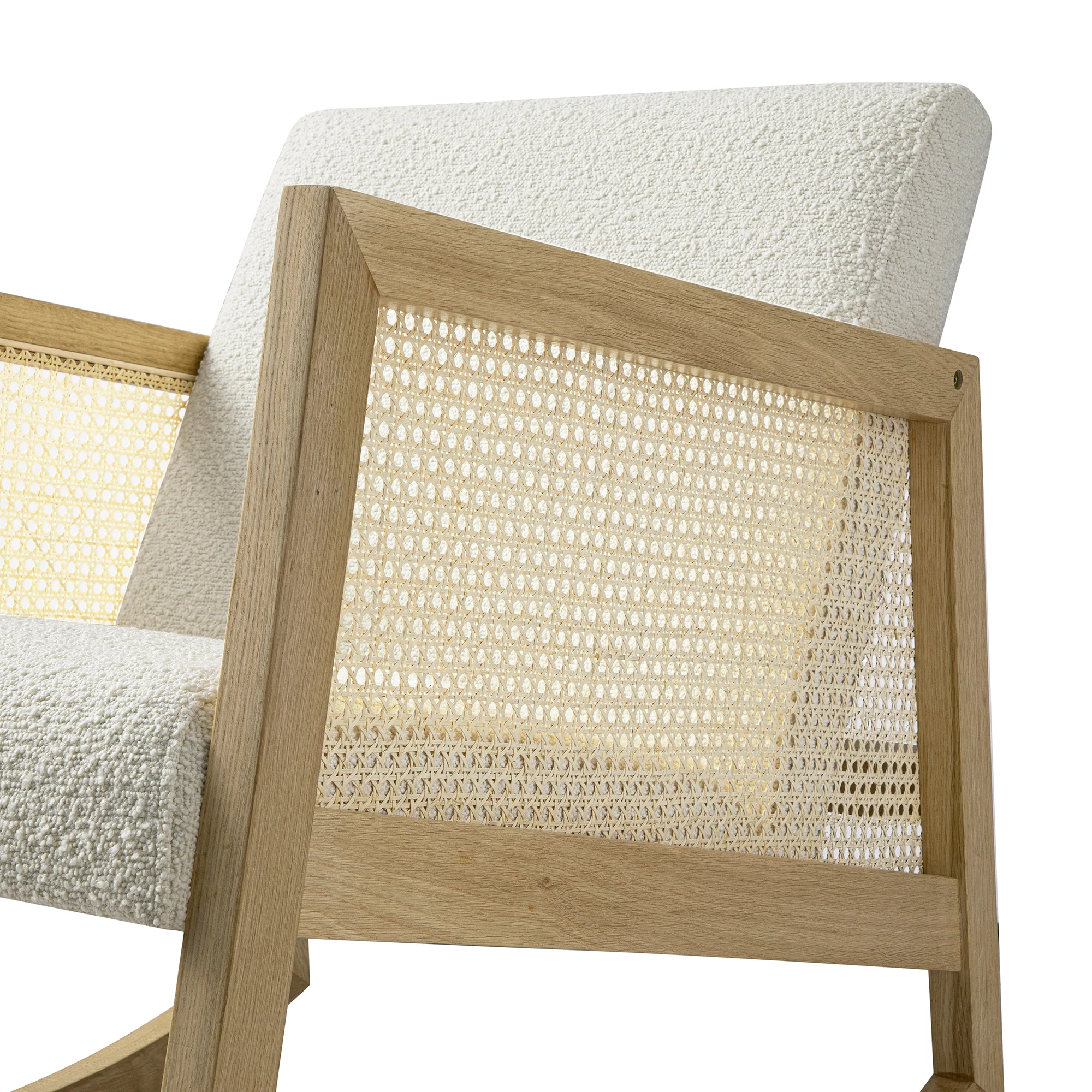 Fyne Ecru Boucle Rocking Natural Oak Armchair with Rattan Armrests - Image 14