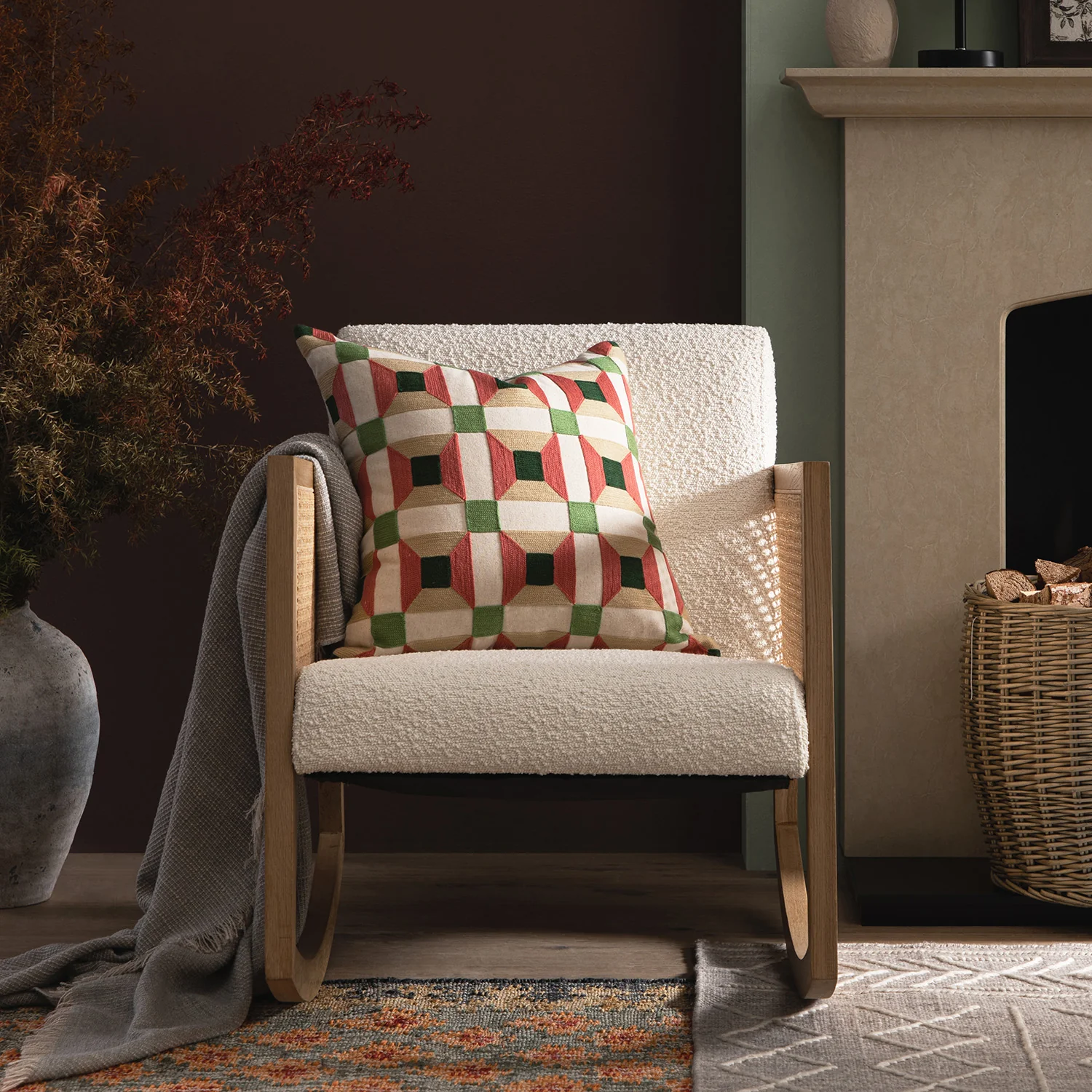 Fyne Ecru Boucle Rocking Natural Oak Armchair with Rattan Armrests - Image 3