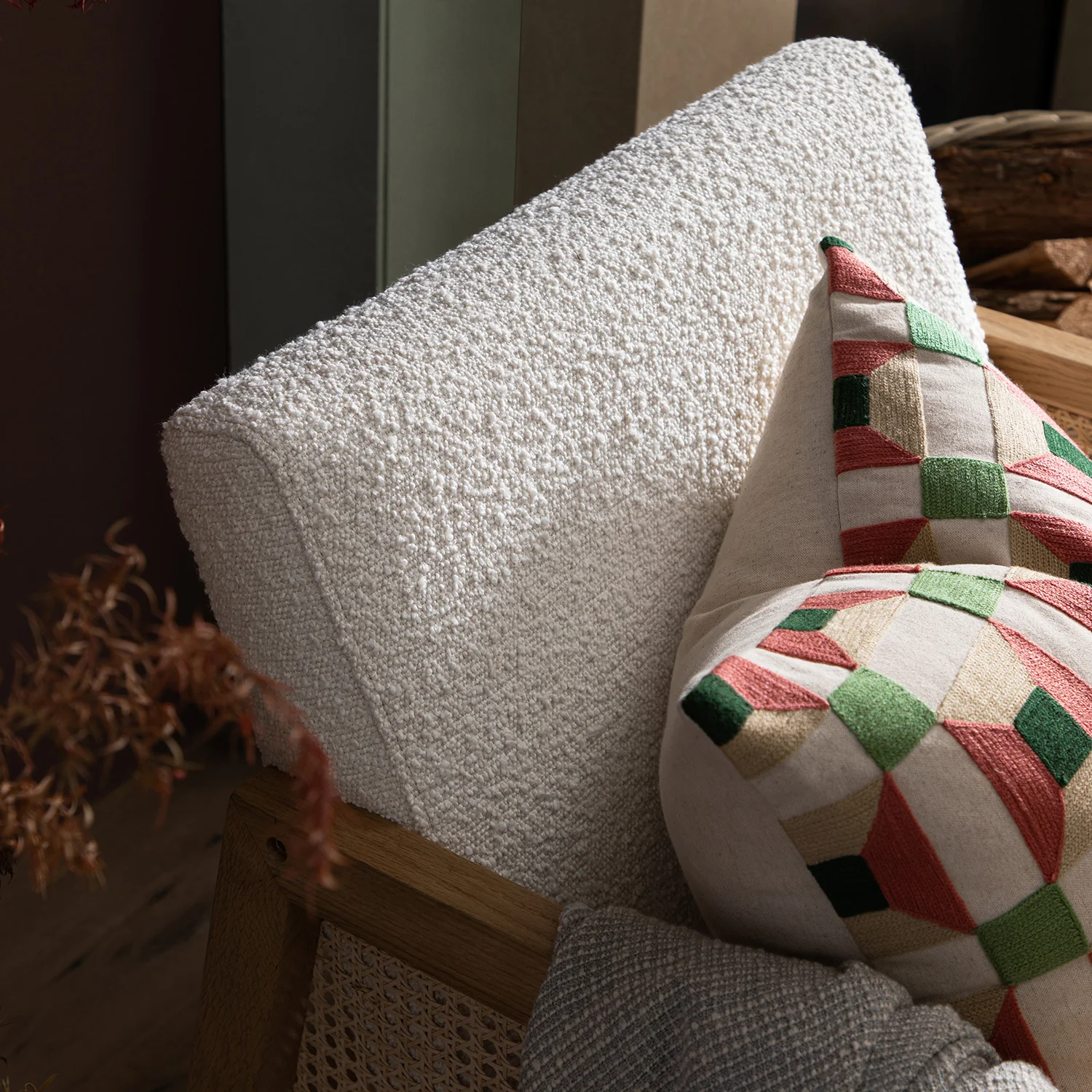 Fyne Ecru Boucle Rocking Natural Oak Armchair with Rattan Armrests - Image 4