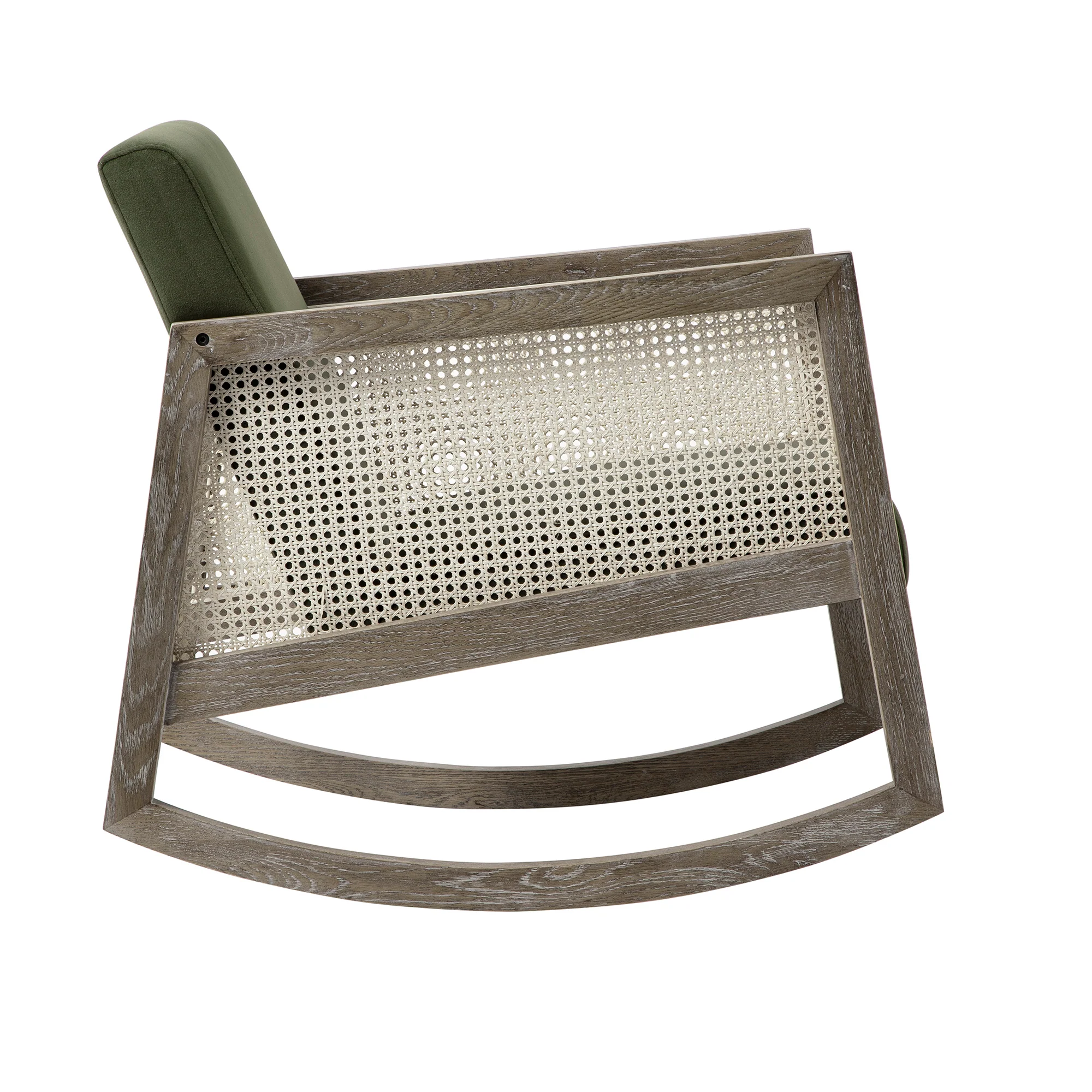 Fyne Moss Green Velvet Rocking Weathered Oak Armchair with Rattan Armrests - Image 11