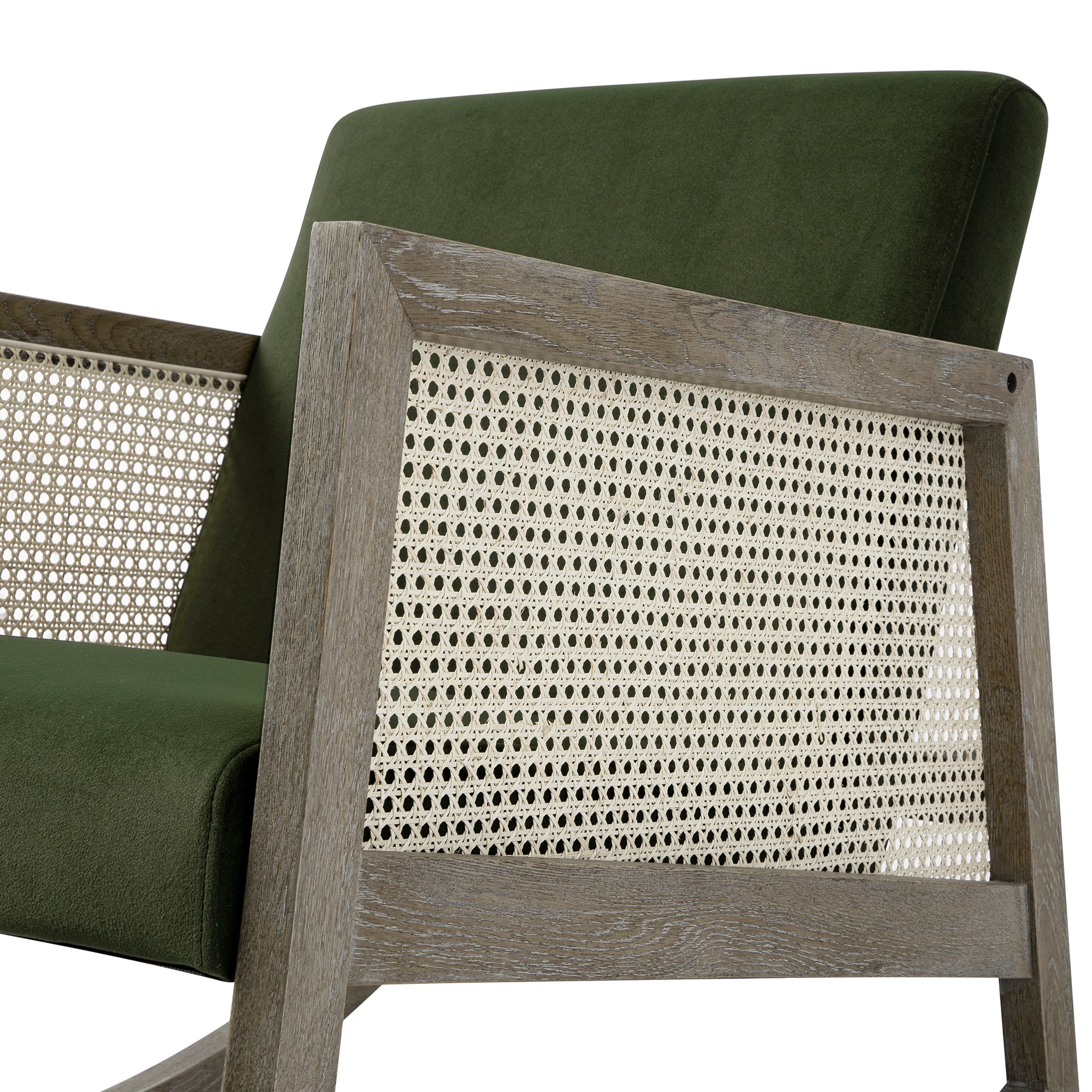 Fyne Moss Green Velvet Rocking Weathered Oak Armchair with Rattan Armrests - Image 13