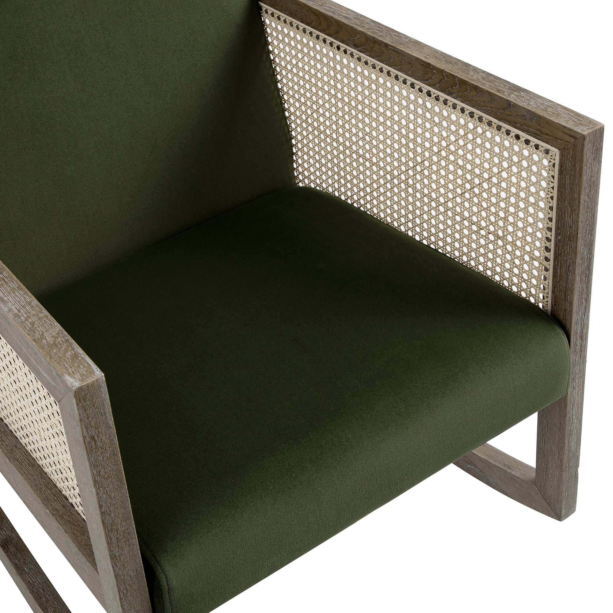 Fyne Moss Green Velvet Rocking Weathered Oak Armchair with Rattan Armrests - Image 14