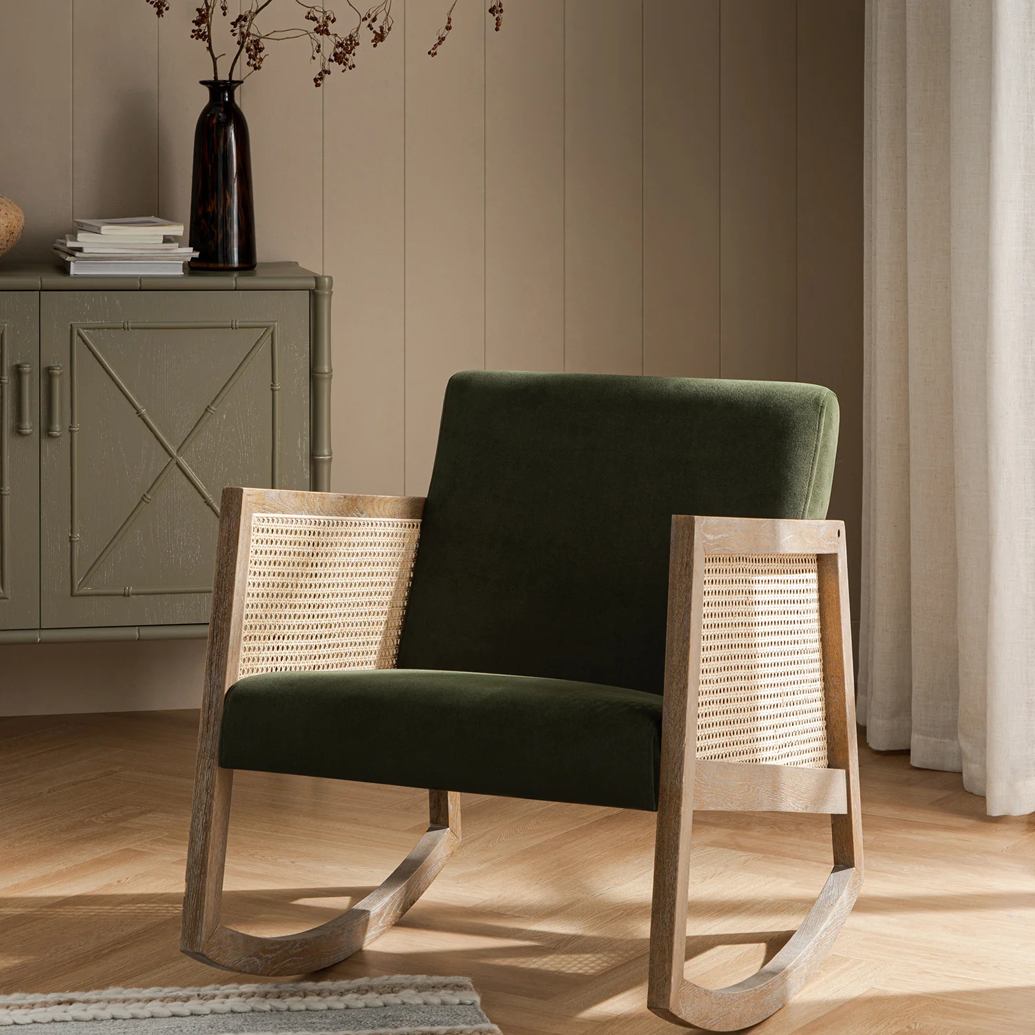 Fyne Moss Green Velvet Rocking Weathered Oak Armchair with Rattan Armrests - Image 2