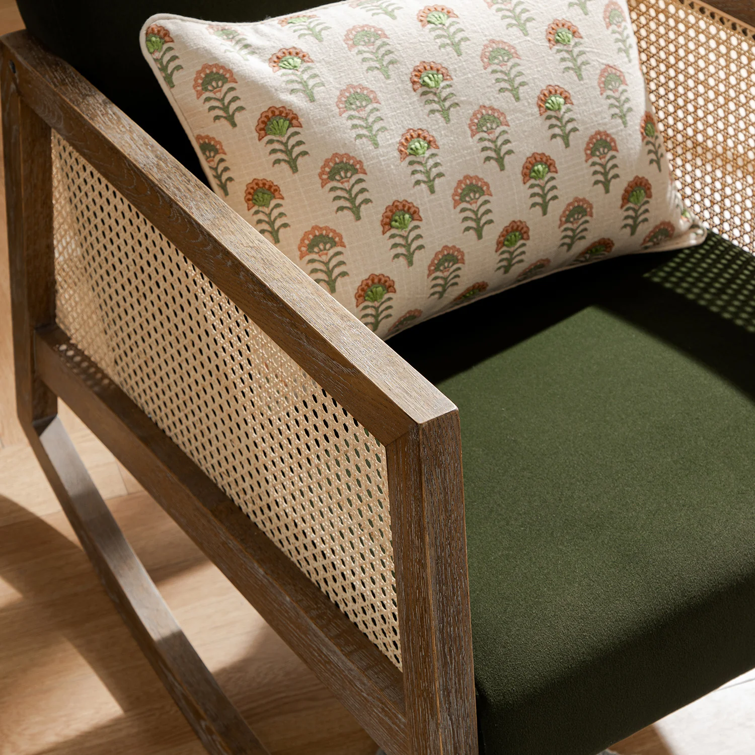 Fyne Moss Green Velvet Rocking Weathered Oak Armchair with Rattan Armrests - Image 6