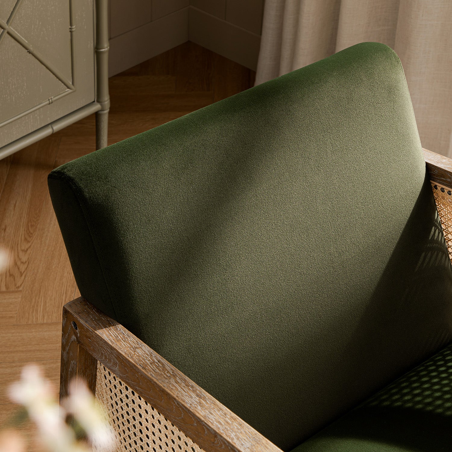 Fyne Moss Green Velvet Rocking Weathered Oak Armchair with Rattan Armrests - Image 7