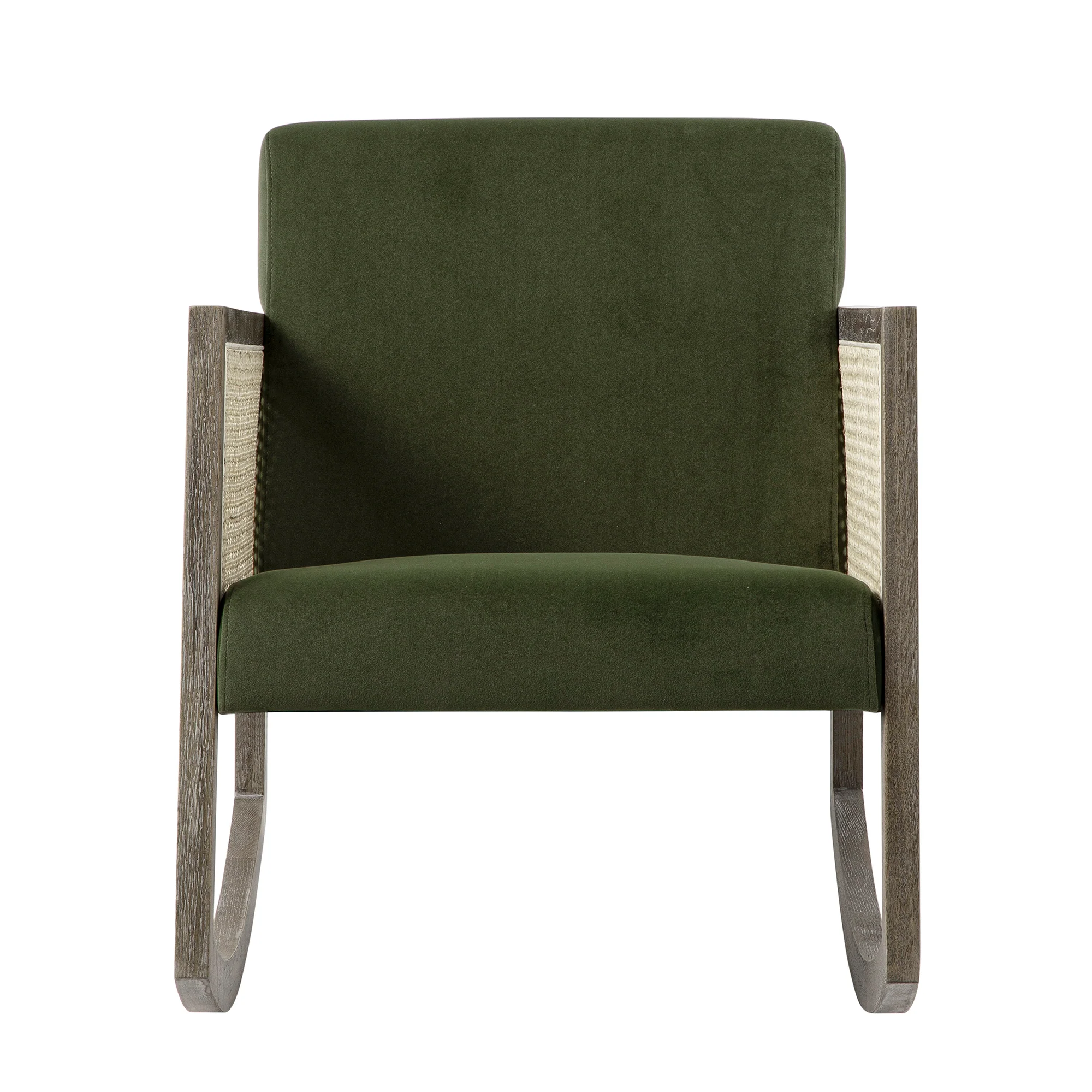 Fyne Moss Green Velvet Rocking Weathered Oak Armchair with Rattan Armrests - Image 9