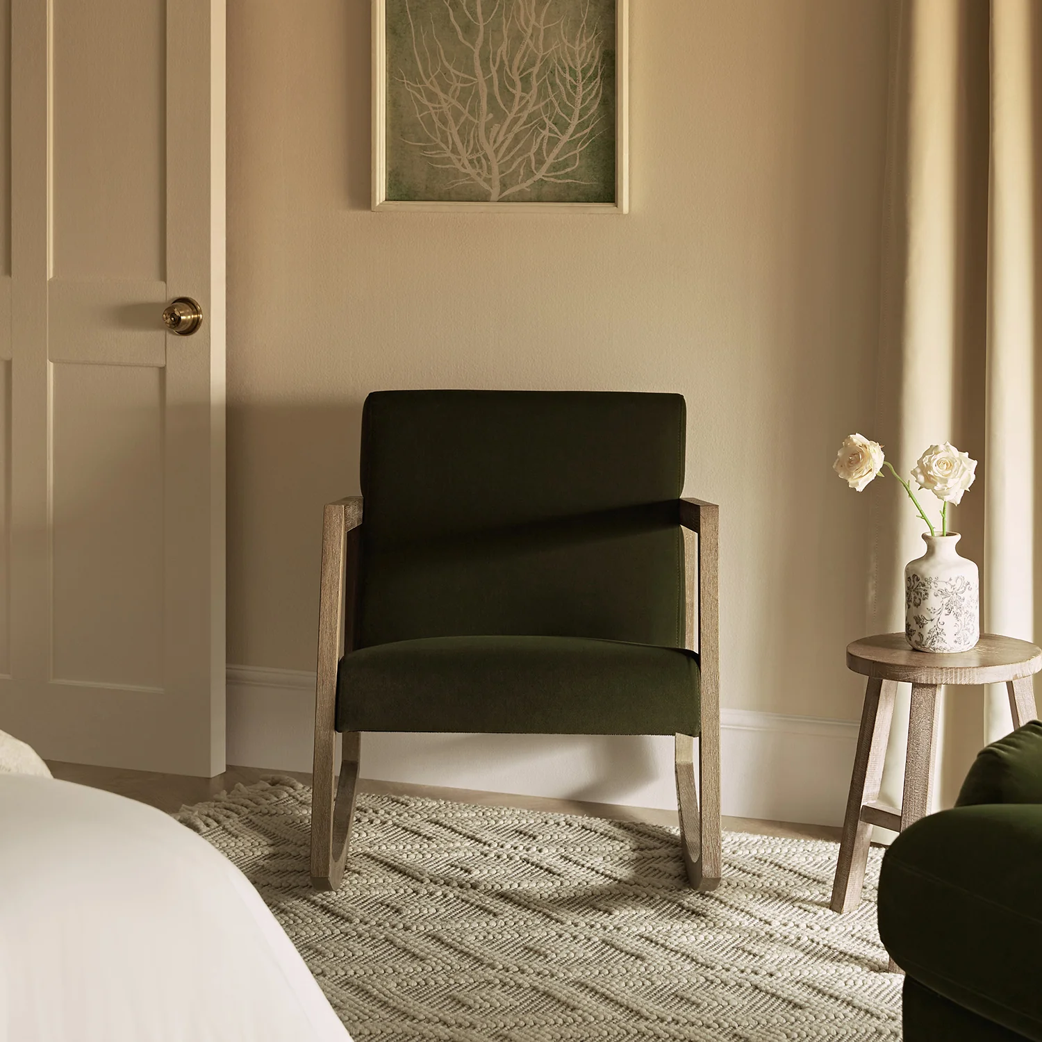 Fyne Moss Green Velvet Rocking Weathered Oak Armchair - Image 2