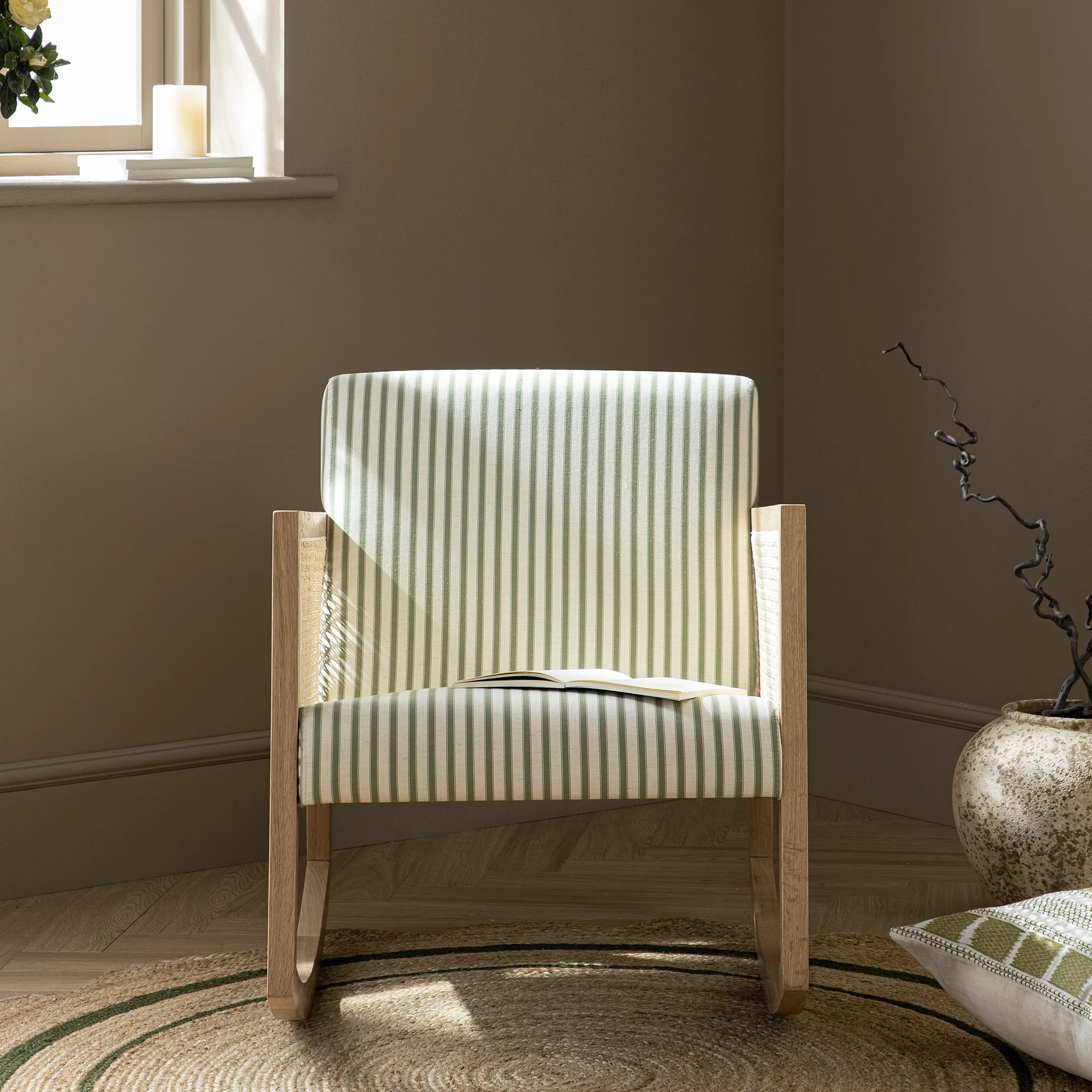 Fyne Sage Striped Linen Blend Natural Oak Armchair with Rattan Armrests - Image 2