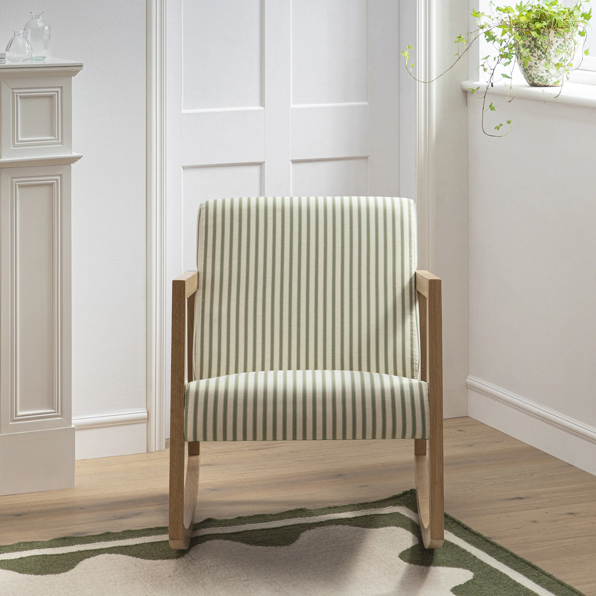 Fyne Sage Striped Linen Blend Natural Oak Rocking Armchair - Image 2