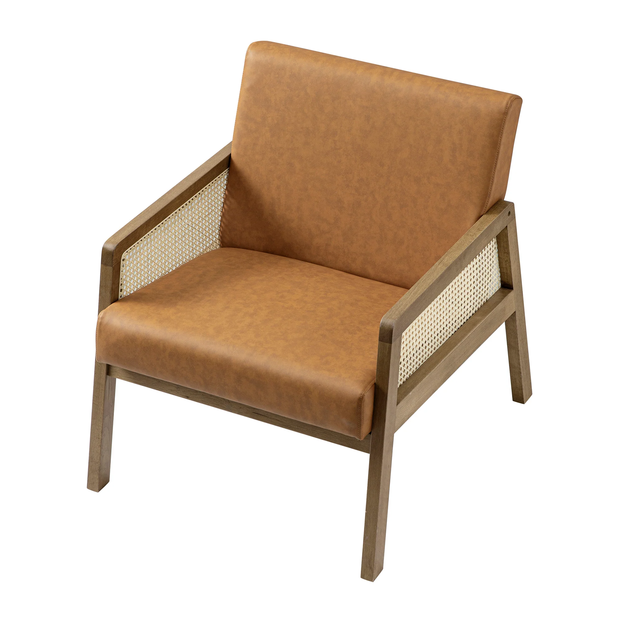 Fyne Tan Faux Leather Light Walnut Frame Rattan Armchair - Image 10