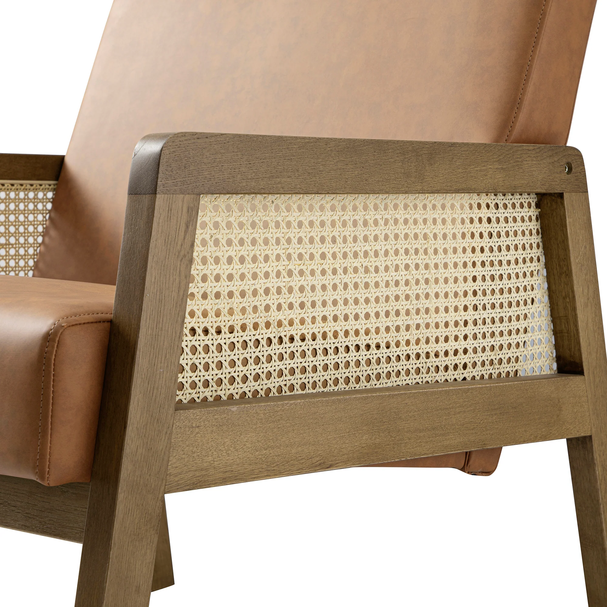 Fyne Tan Faux Leather Light Walnut Frame Rattan Armchair - Image 13