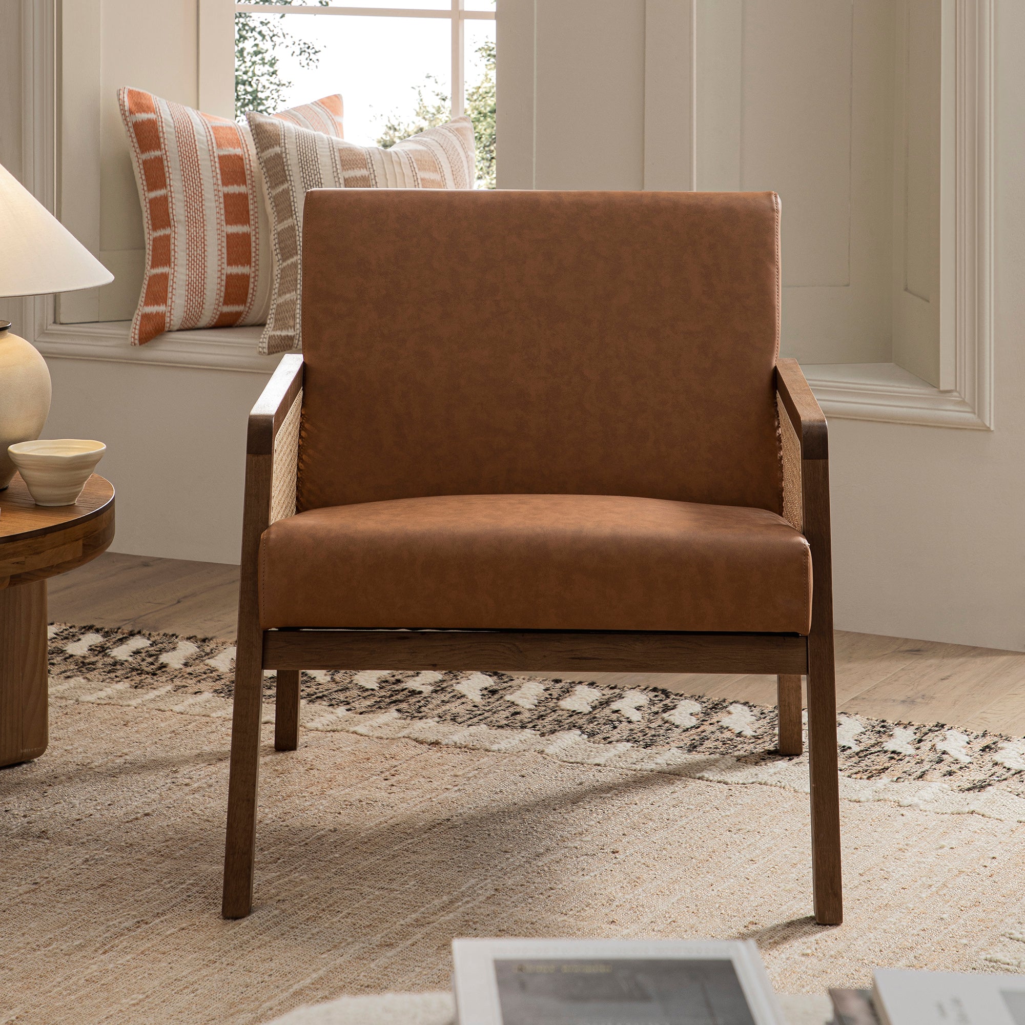 Fyne Tan Faux Leather Light Walnut Frame Rattan Armchair - Image 2