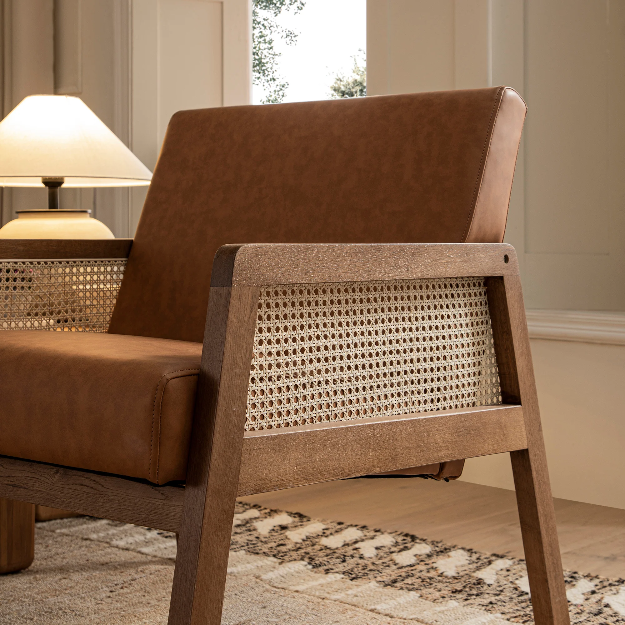 Fyne Tan Faux Leather Light Walnut Frame Rattan Armchair - Image 4