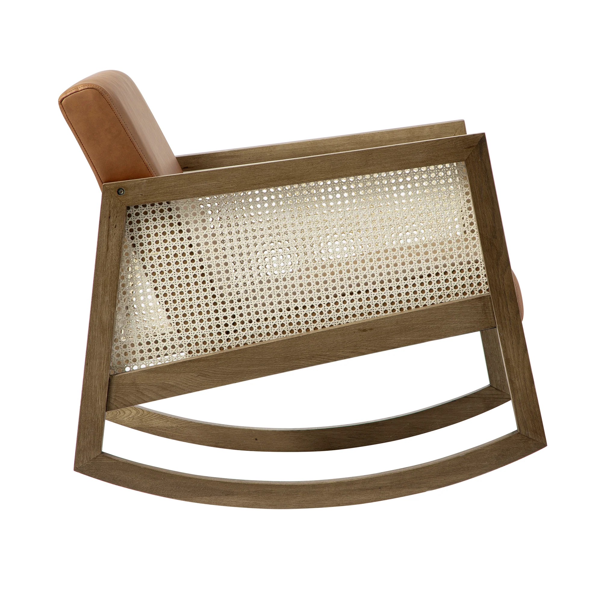 Fyne Tan Faux Leather Rocking Light Walnut Armchair with Rattan Armrests - Image 10