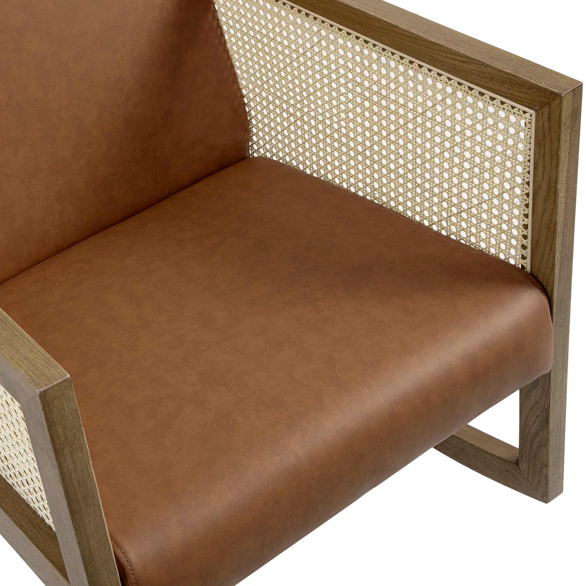 Fyne Tan Faux Leather Rocking Light Walnut Armchair with Rattan Armrests - Image 13
