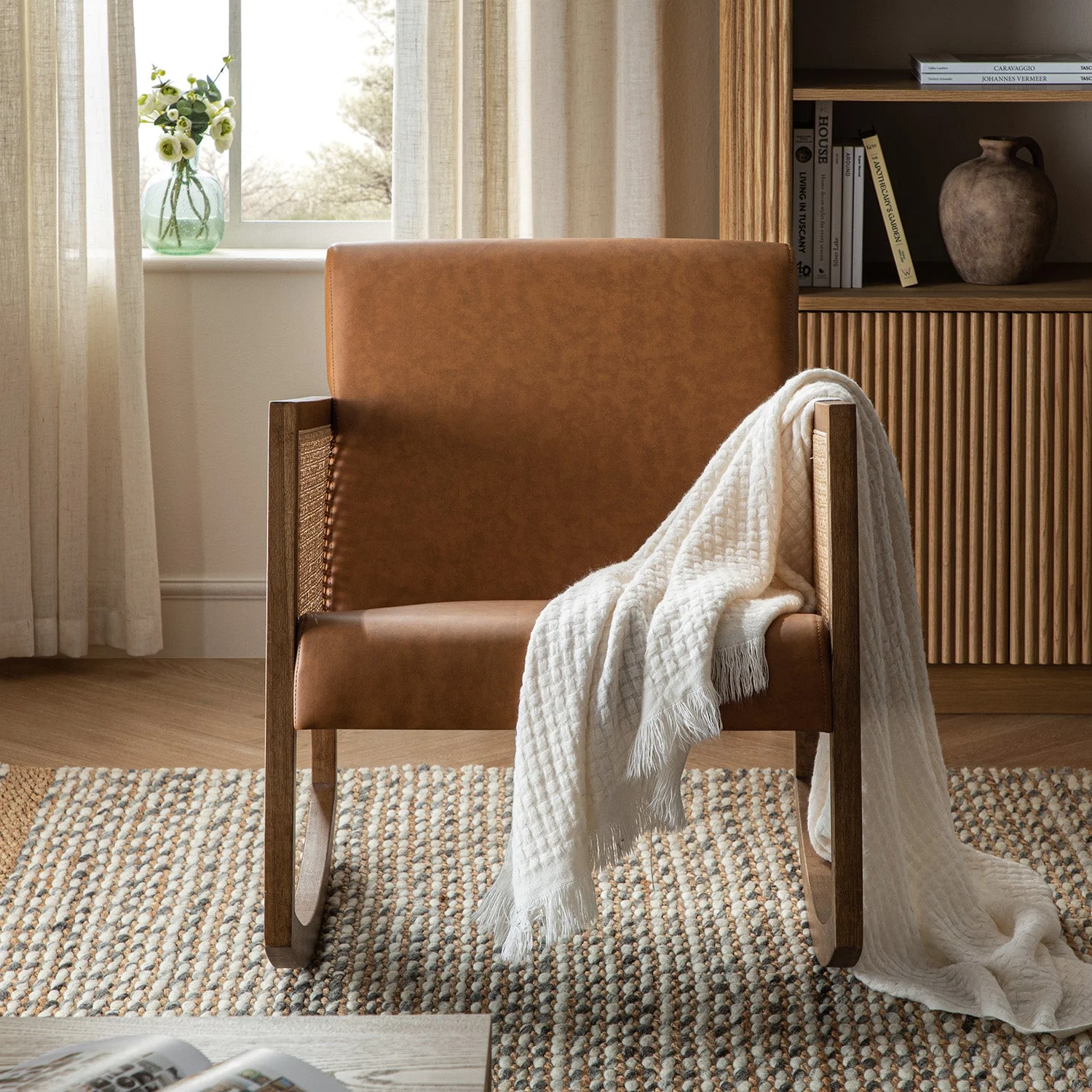 Fyne Tan Faux Leather Rocking Light Walnut Armchair with Rattan Armrests - Image 2