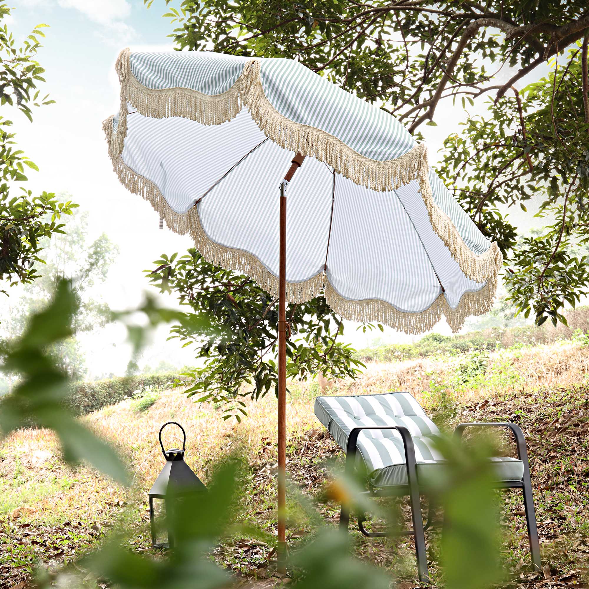 Gabriel Sage Green and White Striped Fringed Parasol with Tilt - Image 2