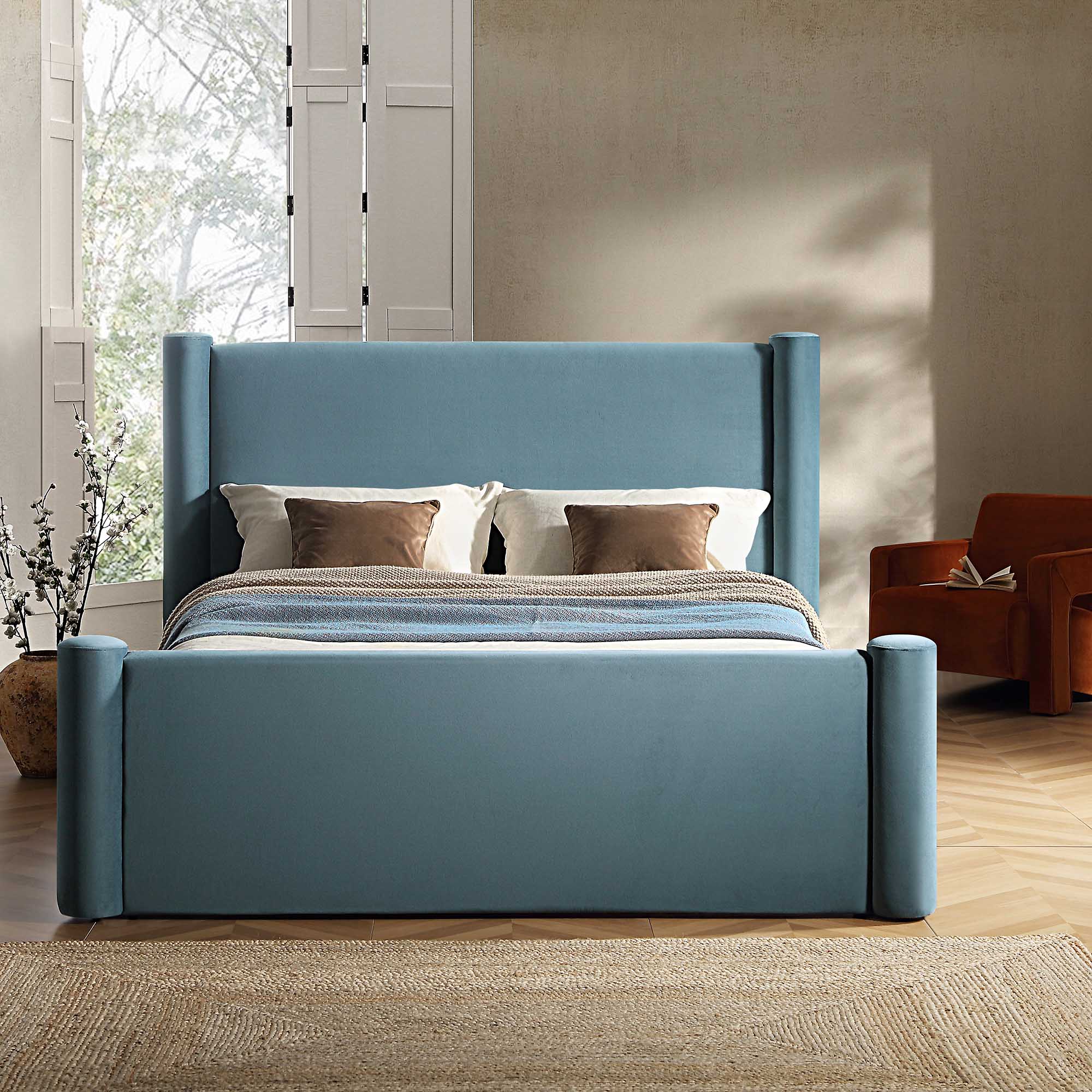 Galerie Misty Blue Velvet Pillar Upholstered Bed - Image 2