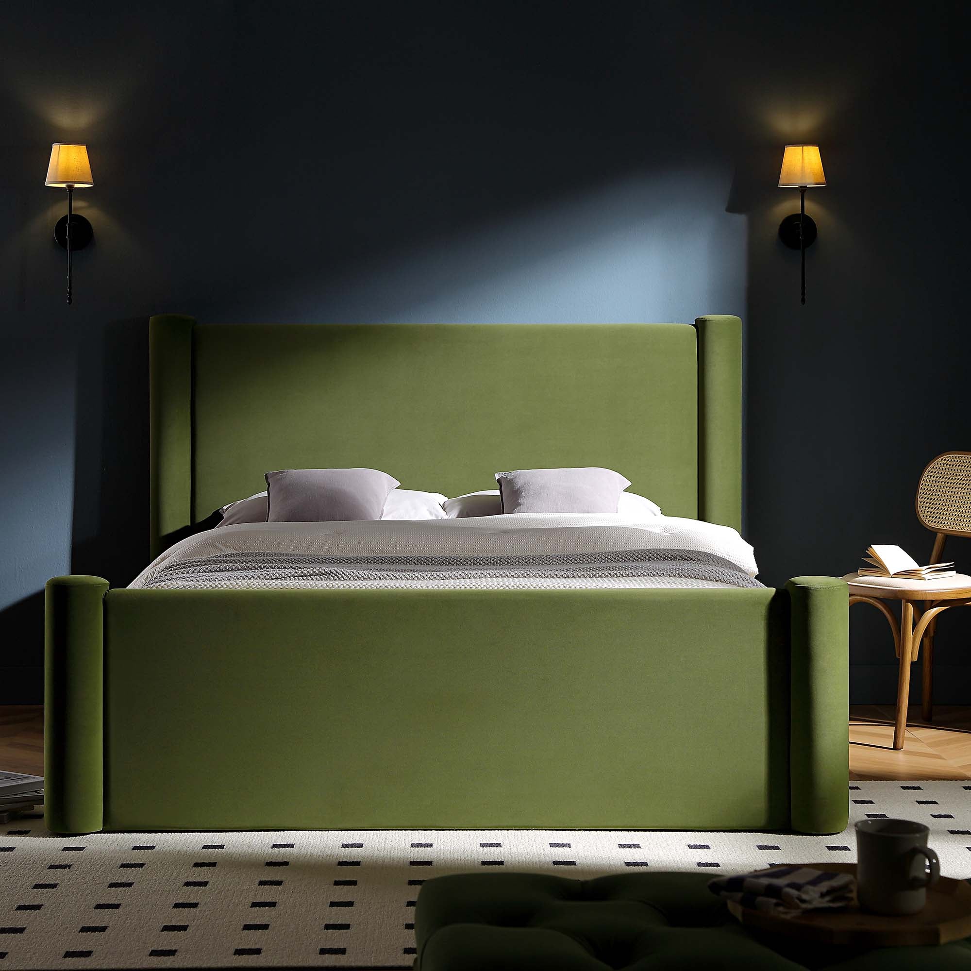 Galerie Moss Green Velvet Pillar Upholstered Bed - Image 2