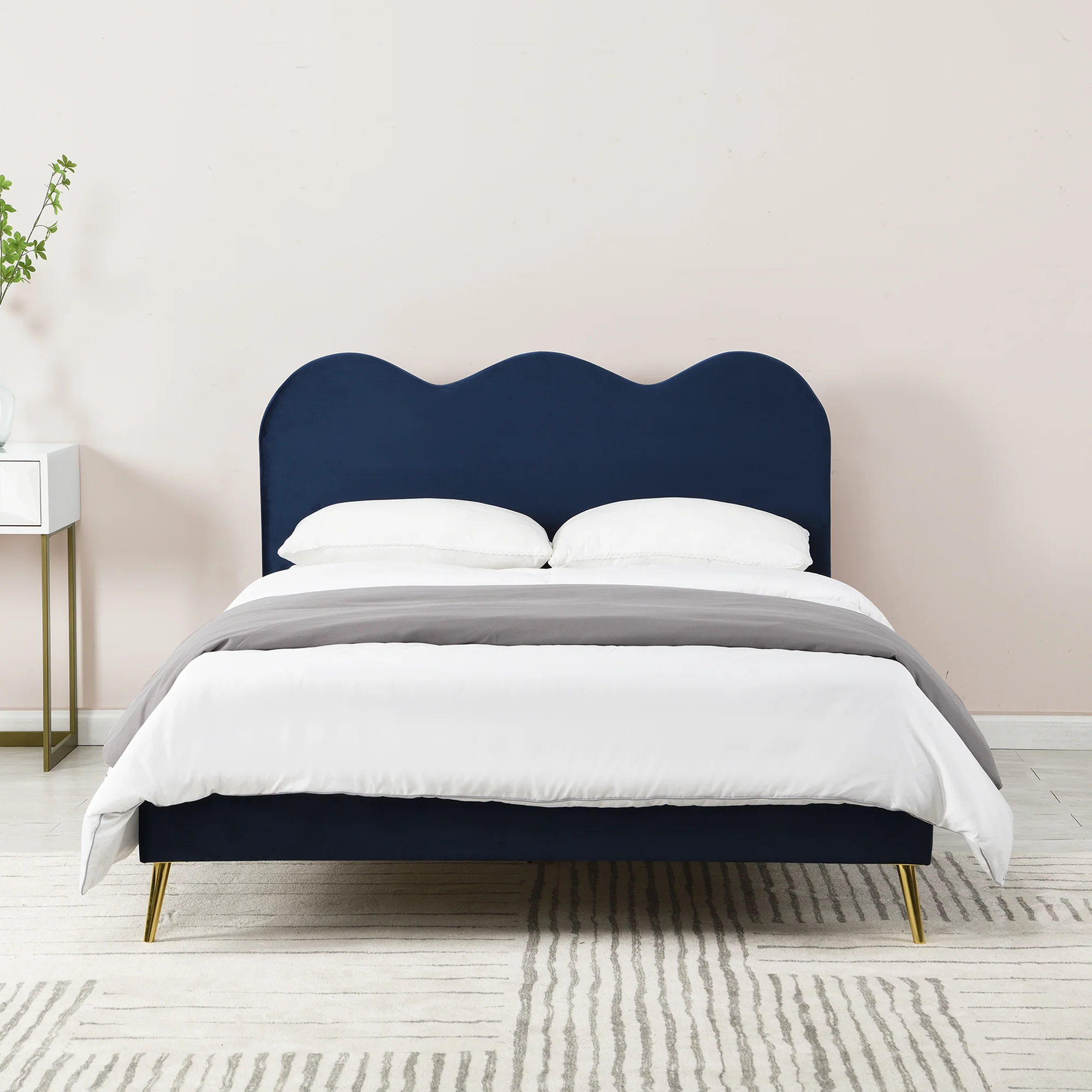 Gidea Velvet Upholstered Bed Frame with Scalloped Headboard & Golden Chrome Legs - Image 2