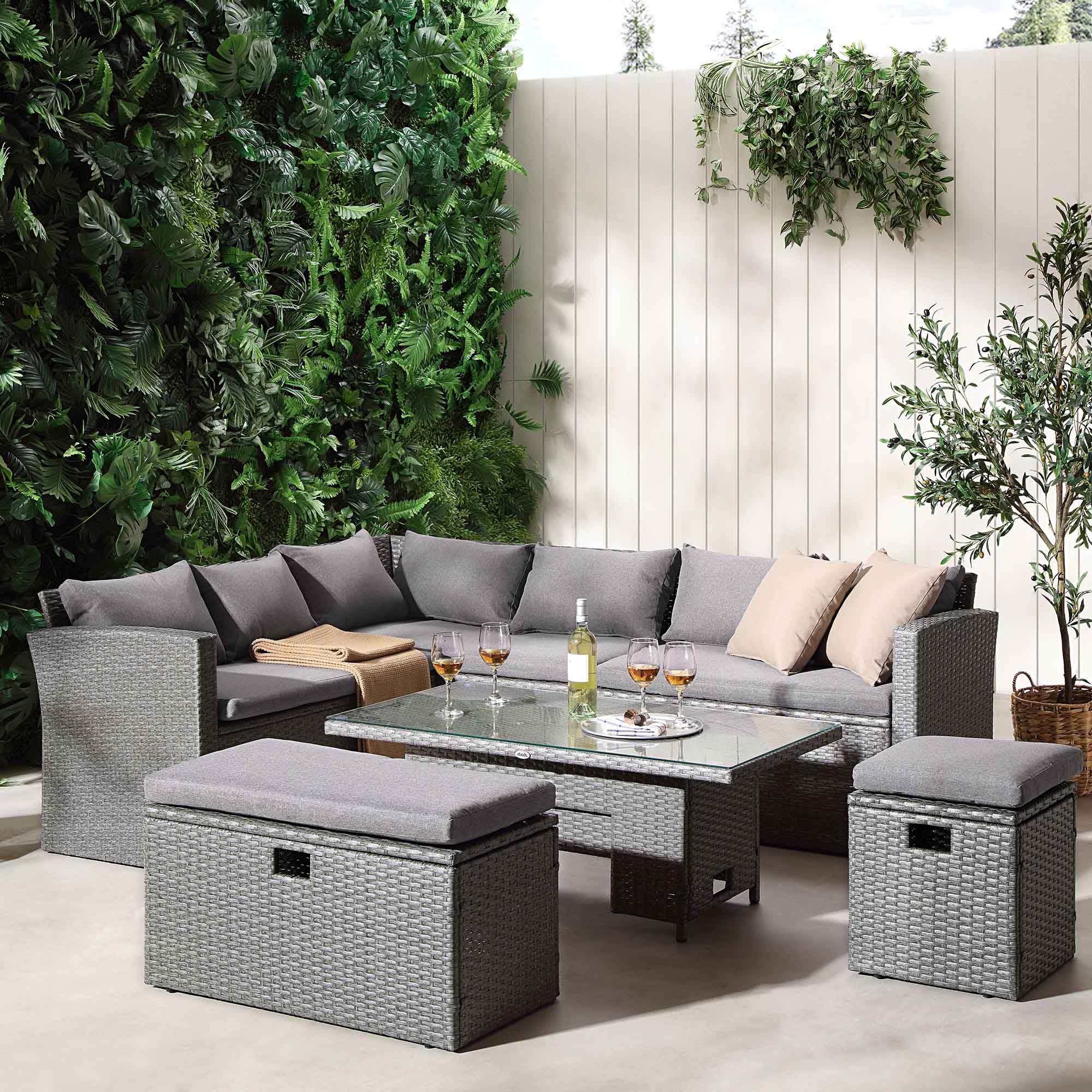 Granchester Rattan Rectangular Corner Dining Sofa Set with Rising Table, Grey - Image 3