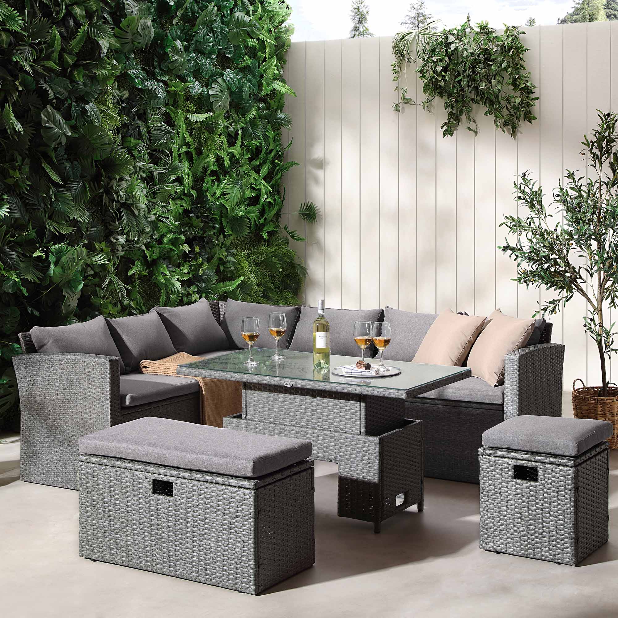 Granchester Rattan Rectangular Corner Dining Sofa Set with Rising Table, Grey - Image 4