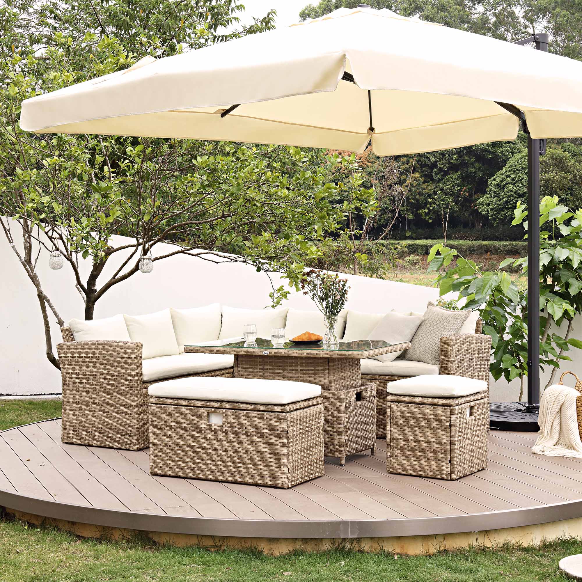 Granchester Rattan Rectangular Corner Dining Sofa Set with Rising Table, Natural - Image 3