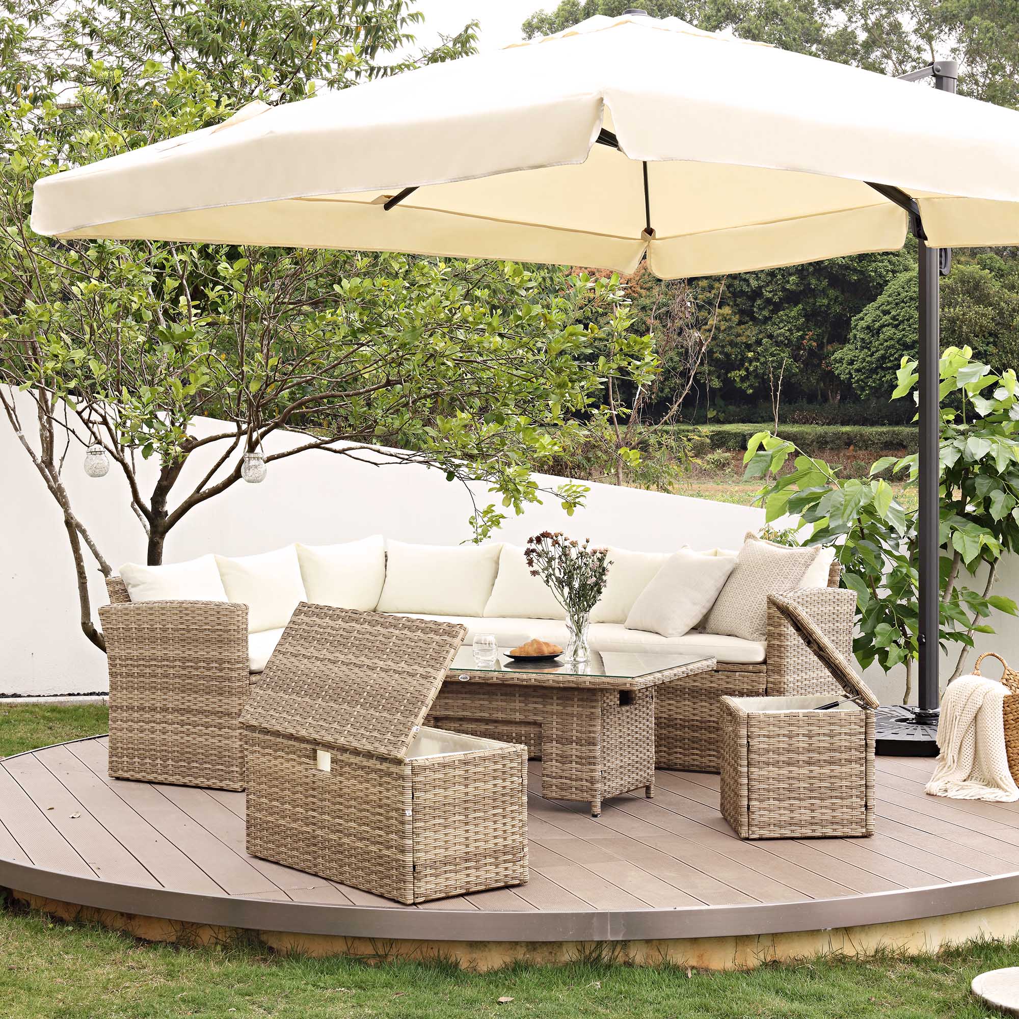 Granchester Rattan Rectangular Corner Dining Sofa Set with Rising Table, Natural - Image 4