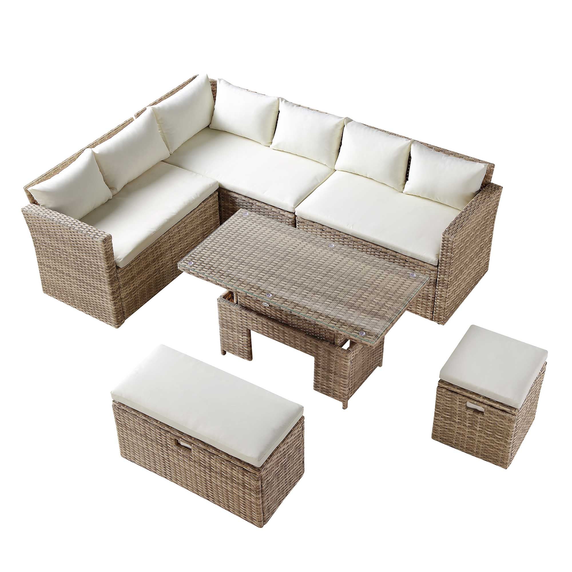 Granchester Rattan Rectangular Corner Dining Sofa Set with Rising Table, Natural - Image 9