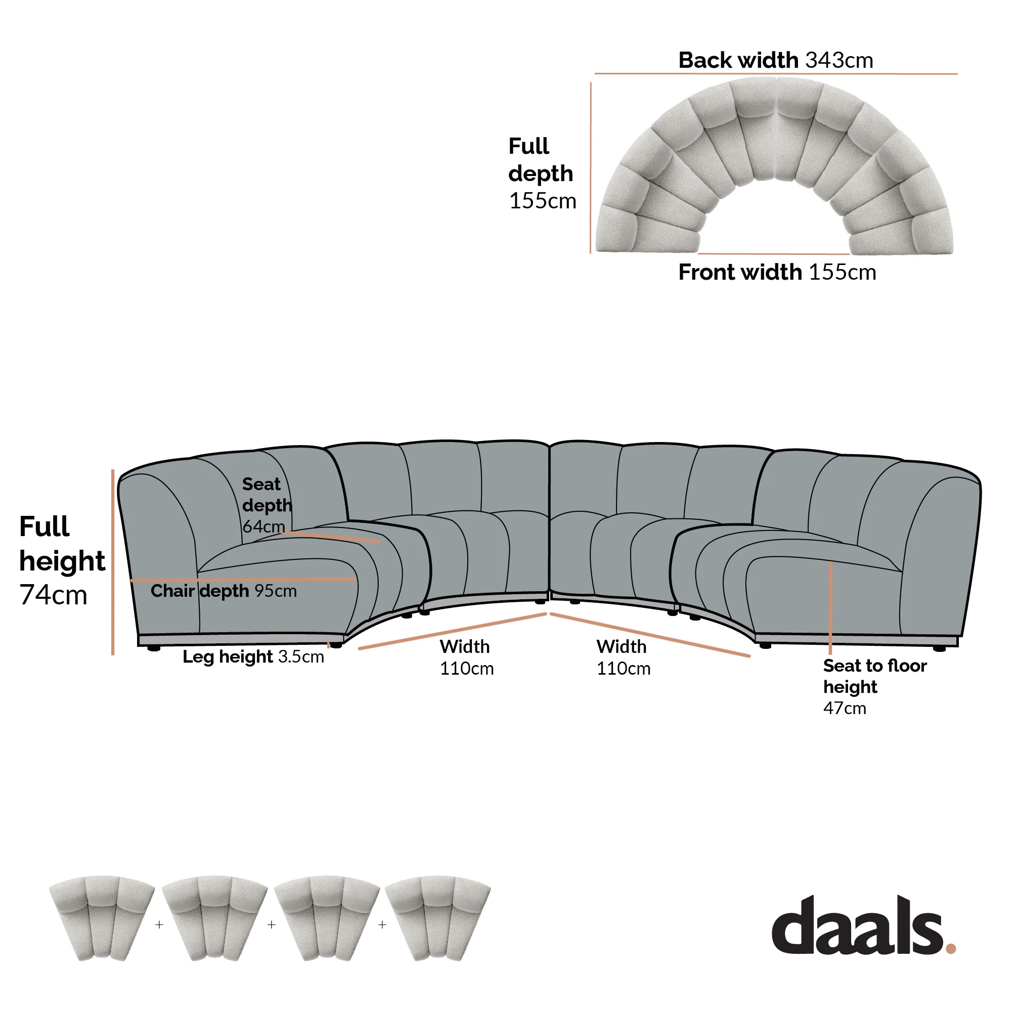 Granvia Ecru Boucle Modular Sofa, 4-Seater Half Circle Sofa - Image 5