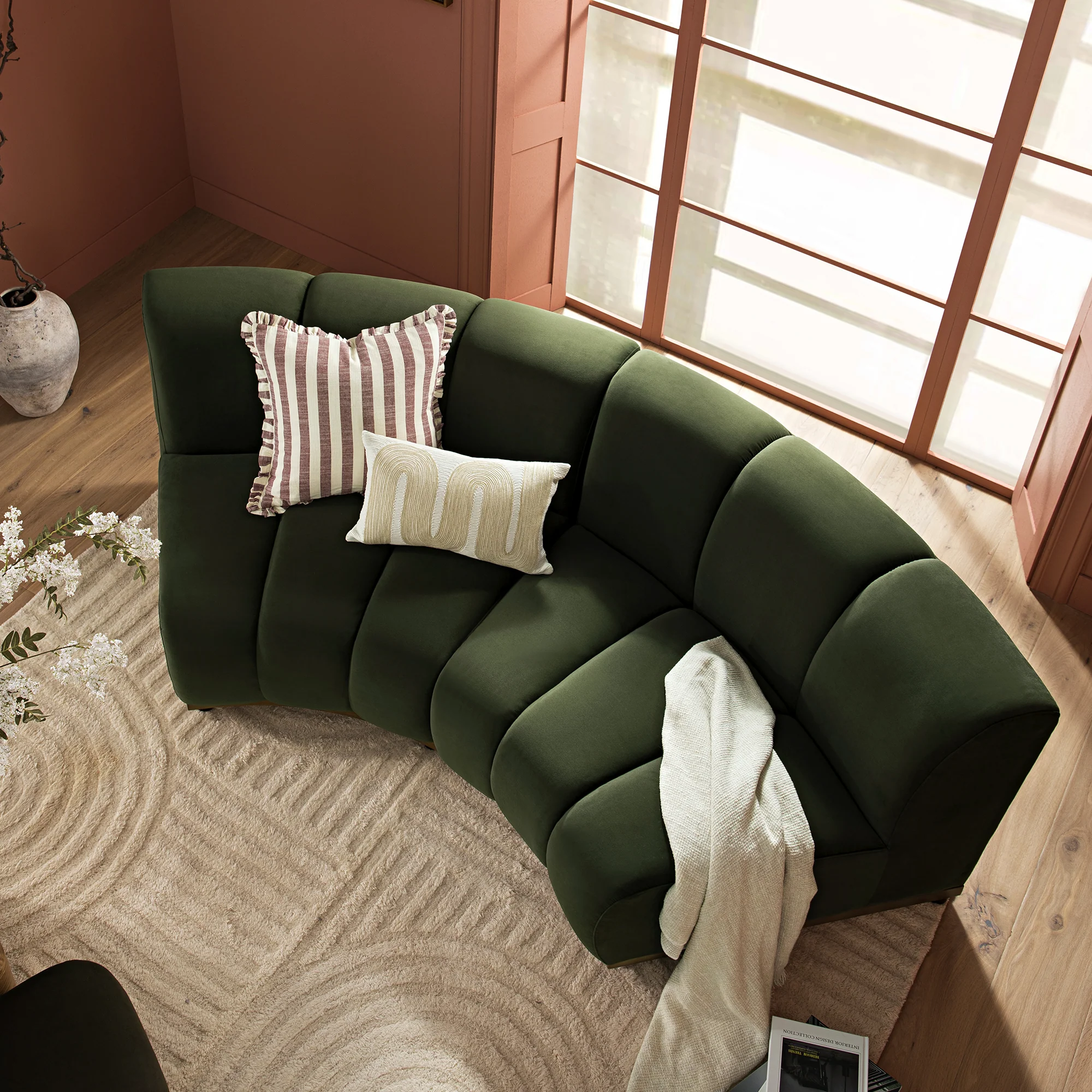 Granvia Moss Green Velvet Modular Sofa, 2-Seater Curved Sofa - Image 3