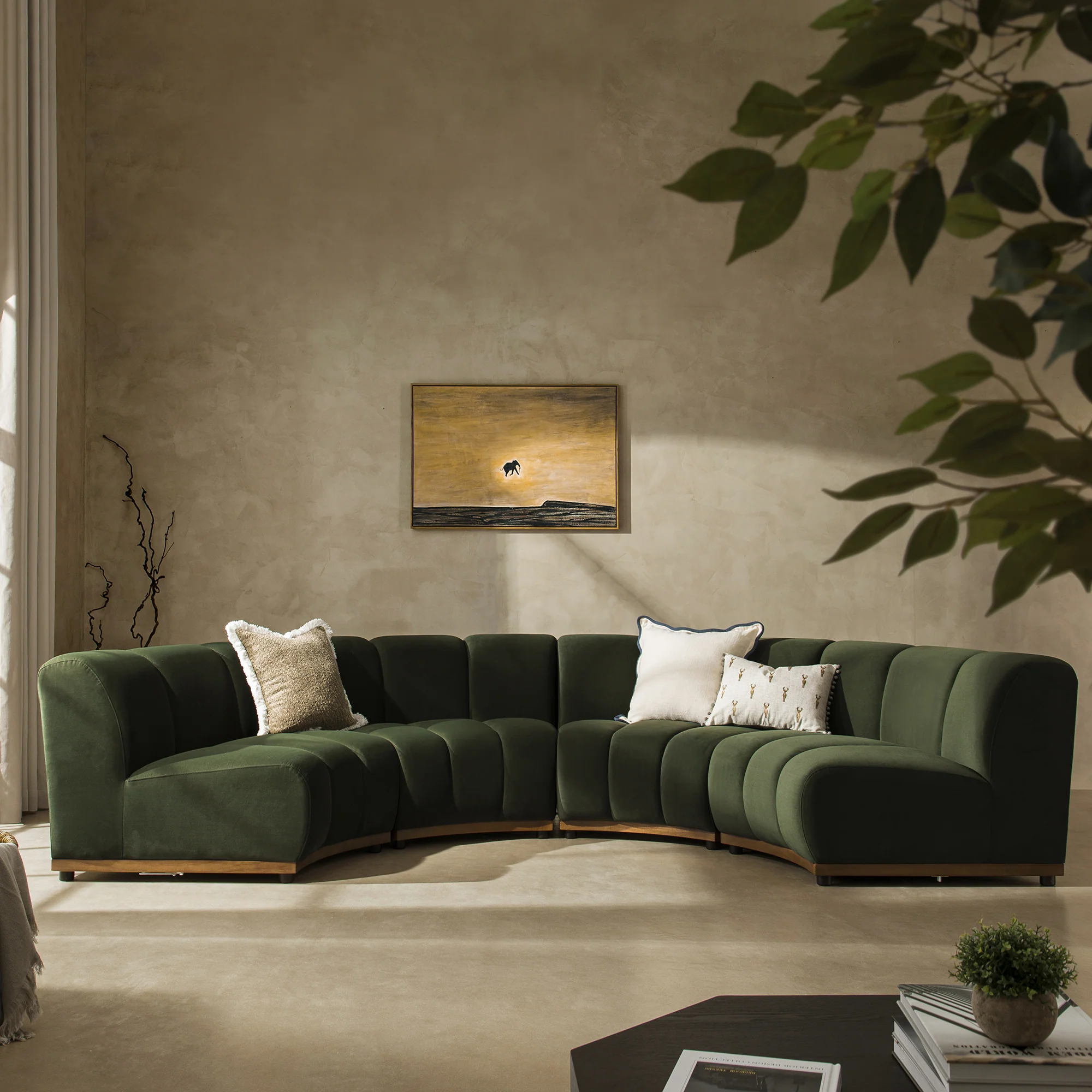 Granvia Moss Green Velvet Modular Sofa, 4-Seater Half Circle Sofa - Image 3