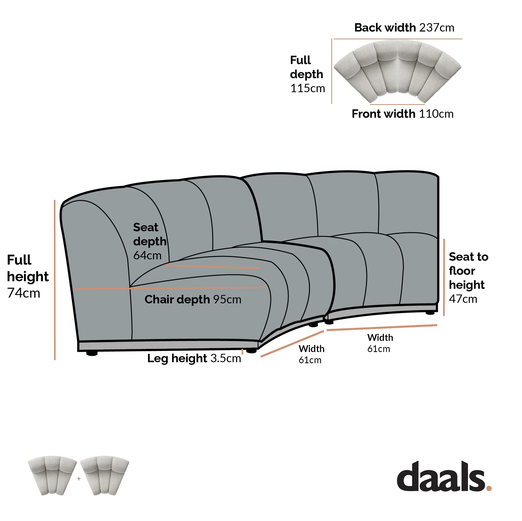 Granvia Taupe Boucle Modular Sofa, 2-Seater Curved Sofa - Image 6