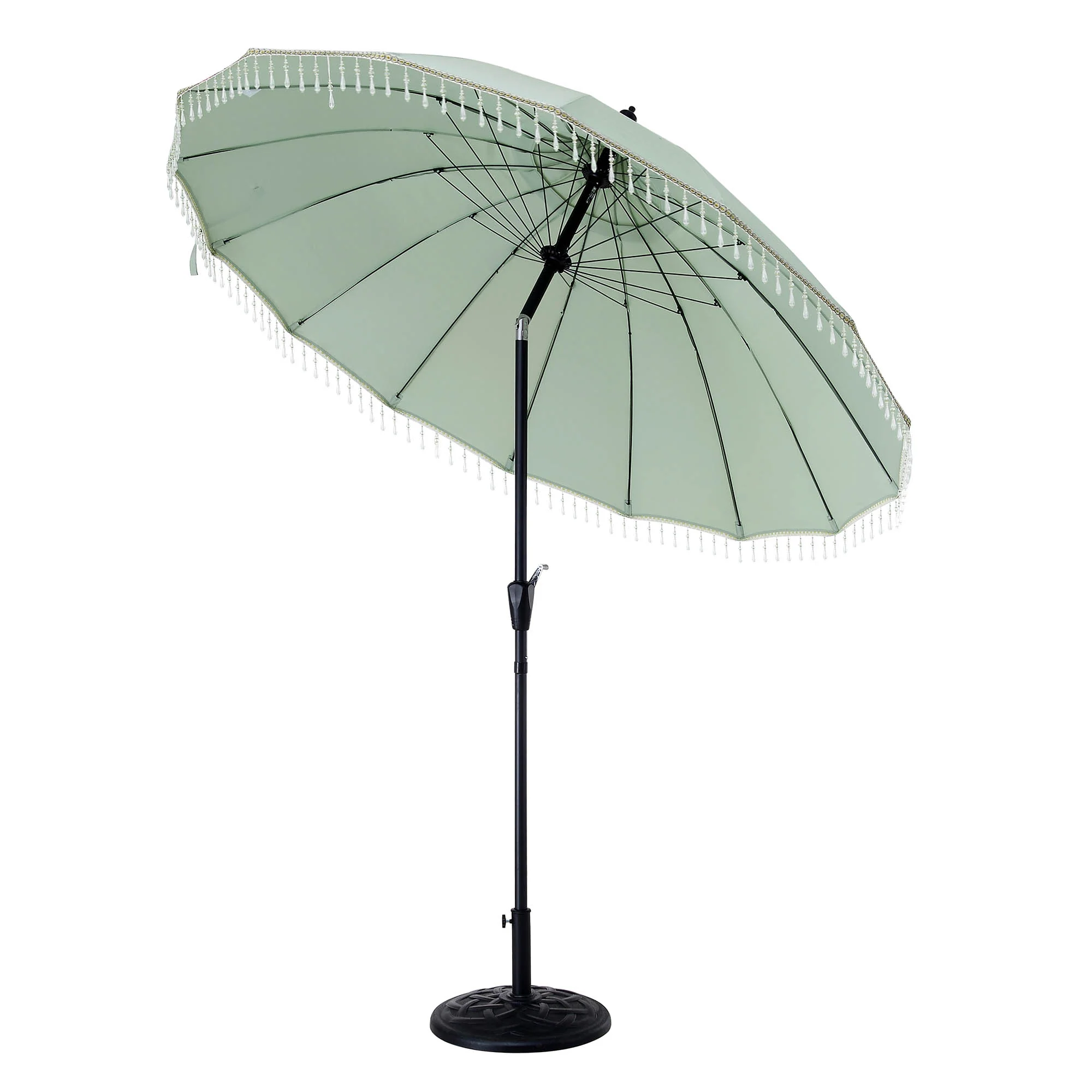 Hacienda 2.4M Sage Green Beaded Carousel Garden Parasol with Fringe Tassels and Aluminium Tilt - Image 2