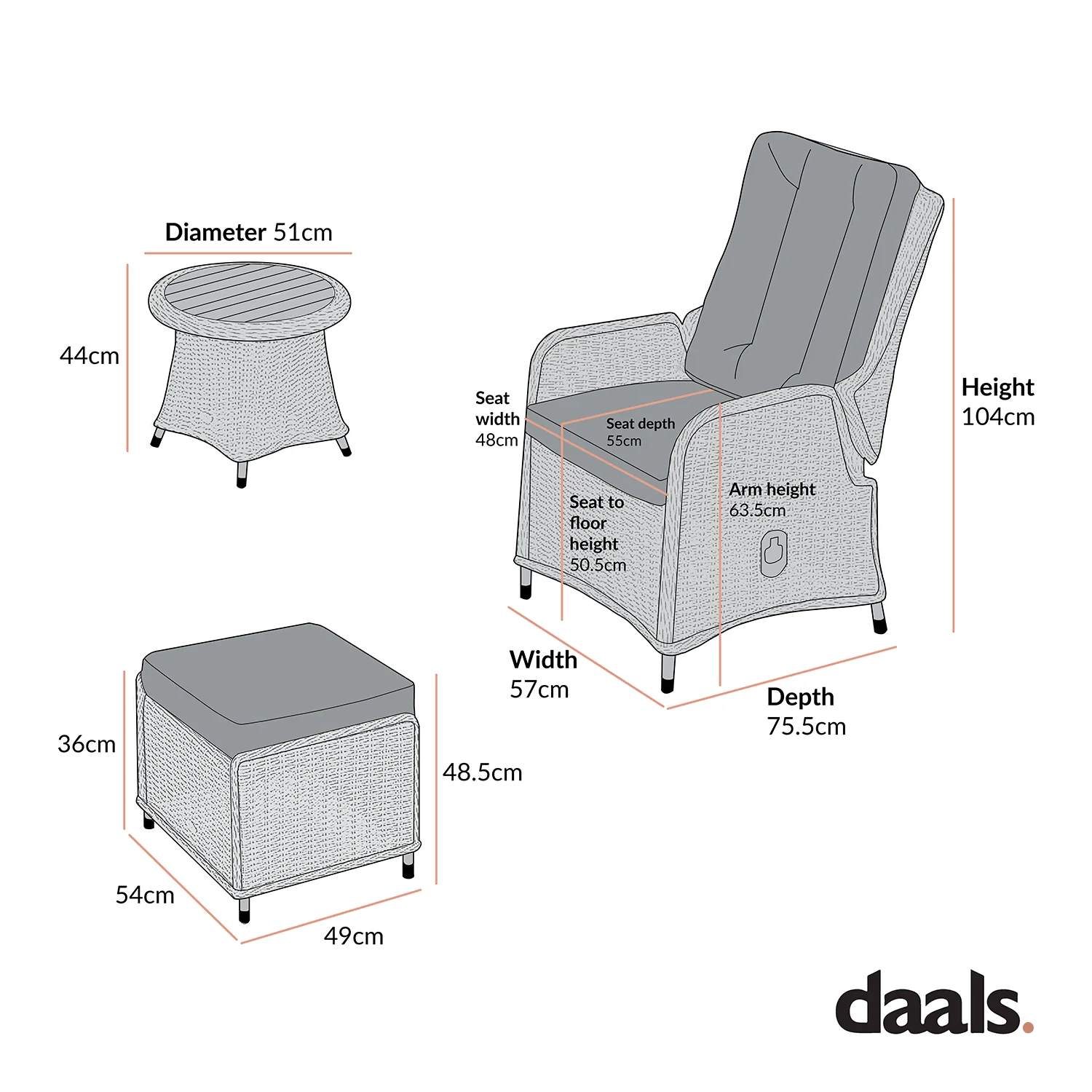 Hampshire 2-Seater Round Wicker Reclining Bistro Set with Stools, Light Grey - Image 9