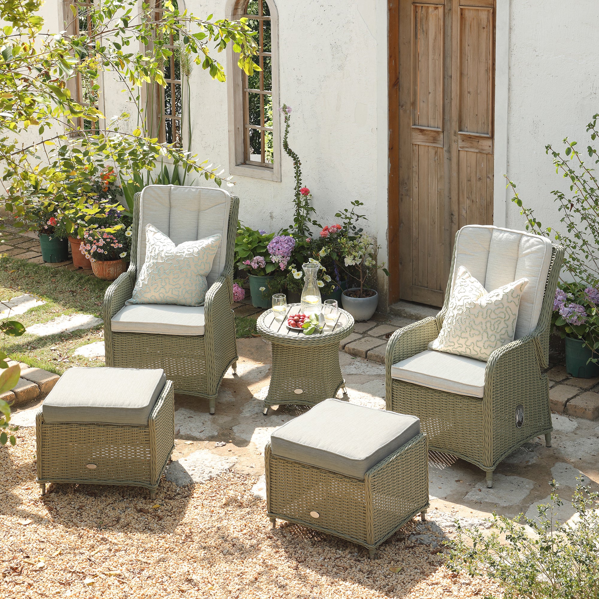 Hampshire 2-Seater Round Wicker Reclining Bistro Set with Stools, Desert Sage - Image 3