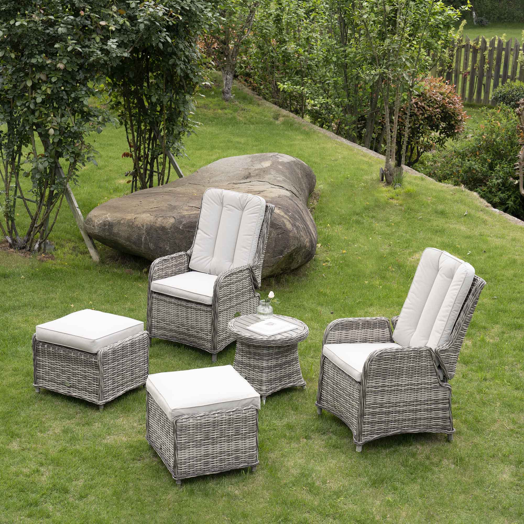 Hampshire 2-Seater Round Wicker Reclining Bistro Set with Stools, Light Grey - Image 2