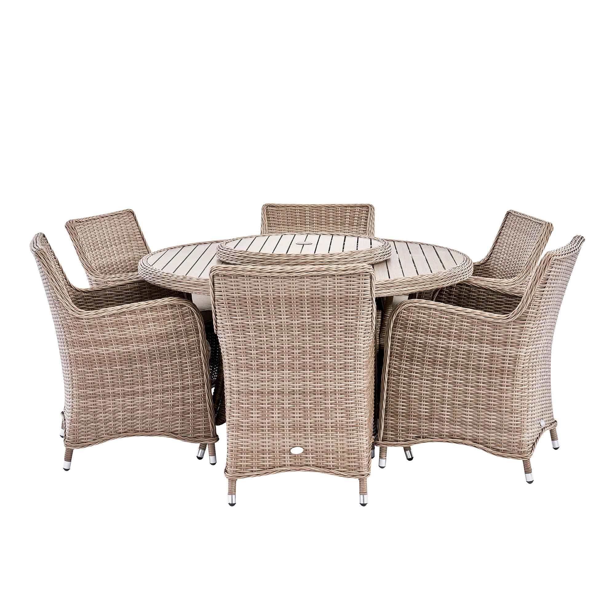 Hampshire 6-Seater Round Wicker Rattan Dining Set with Lazy Susan & Ice Bucket, Natural - Image 12