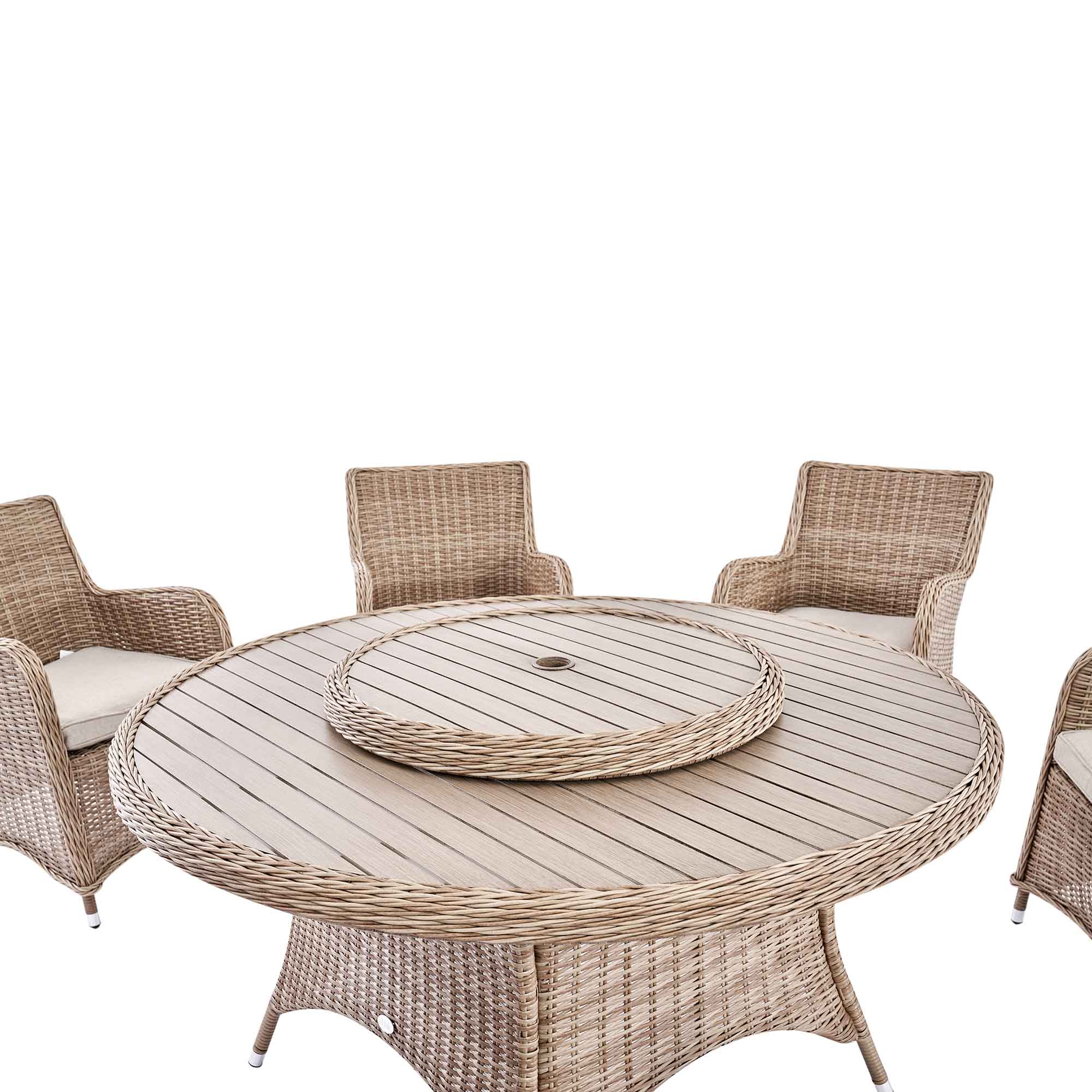Hampshire 6-Seater Round Wicker Rattan Dining Set with Lazy Susan & Ice Bucket, Natural - Image 13
