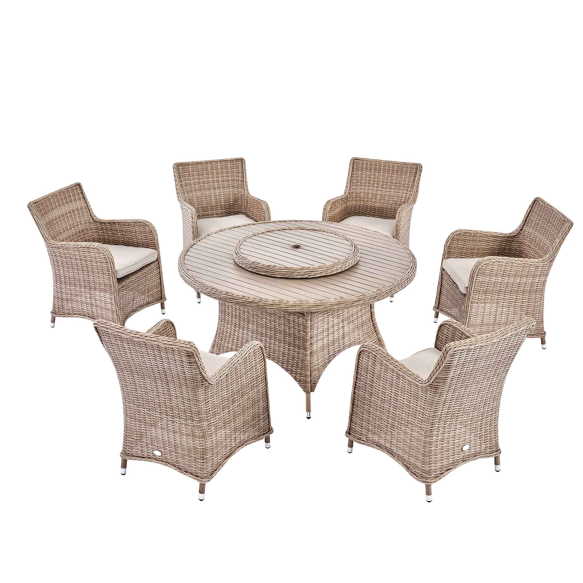 Hampshire 6-Seater Round Wicker Rattan Dining Set with Lazy Susan & Ice Bucket, Natural - Image 9